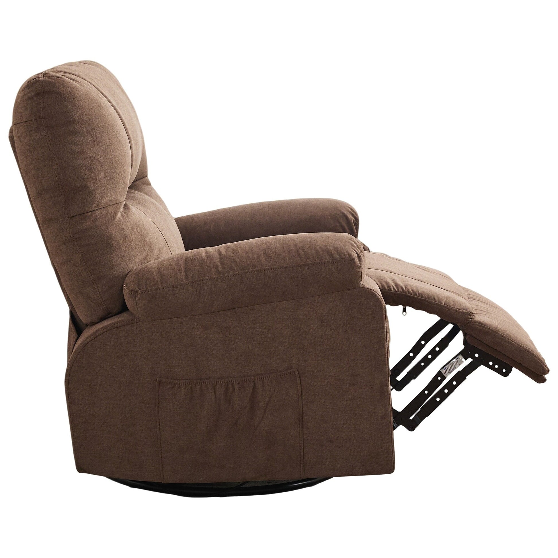 Fauteuil inclinable manuel pivotant à 360 degrés, chaise de salon en tissu avec repose-pieds escamotable et poches latérales.