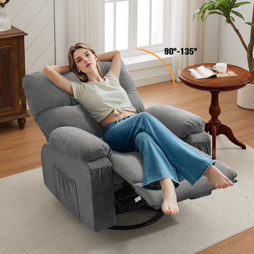 Fauteuil inclinable manuel pivotant à 360 degrés, chaise de salon en tissu avec repose-pieds escamotable et poches latérales.