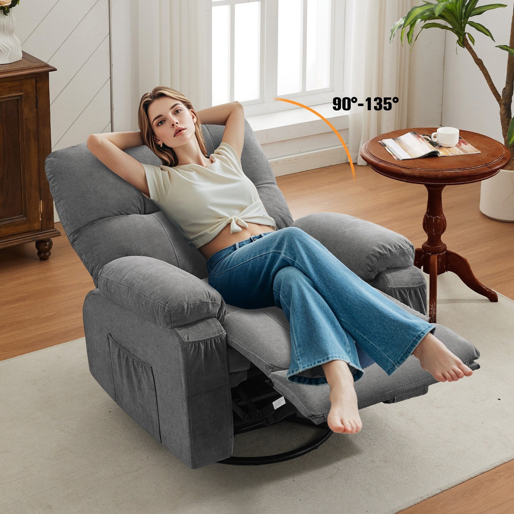 Fauteuil inclinable manuel pivotant à 360 degrés, chaise de salon en tissu avec repose-pieds escamotable et poches latérales.