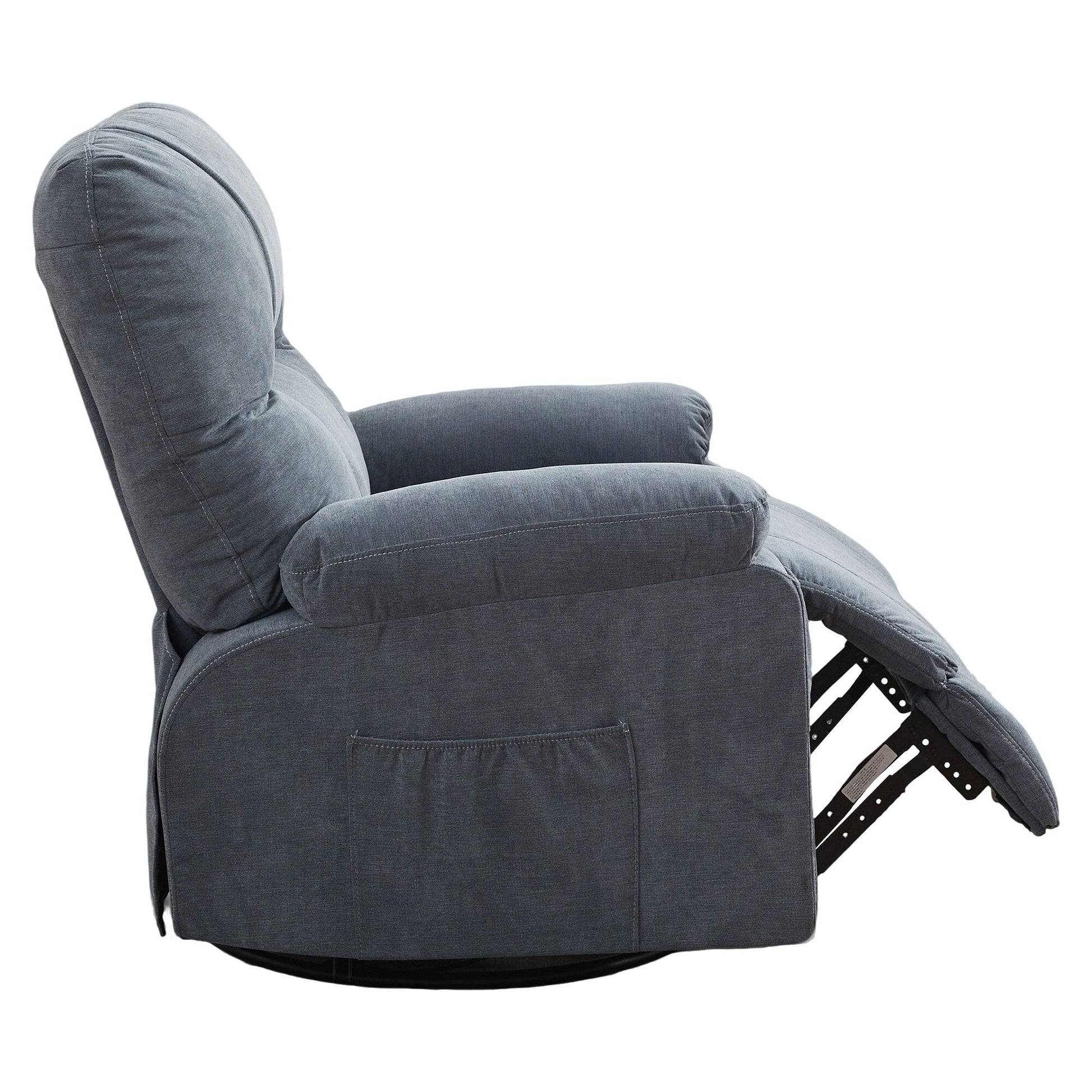 Fauteuil inclinable manuel pivotant à 360 degrés, chaise de salon en tissu avec repose-pieds escamotable et poches latérales.