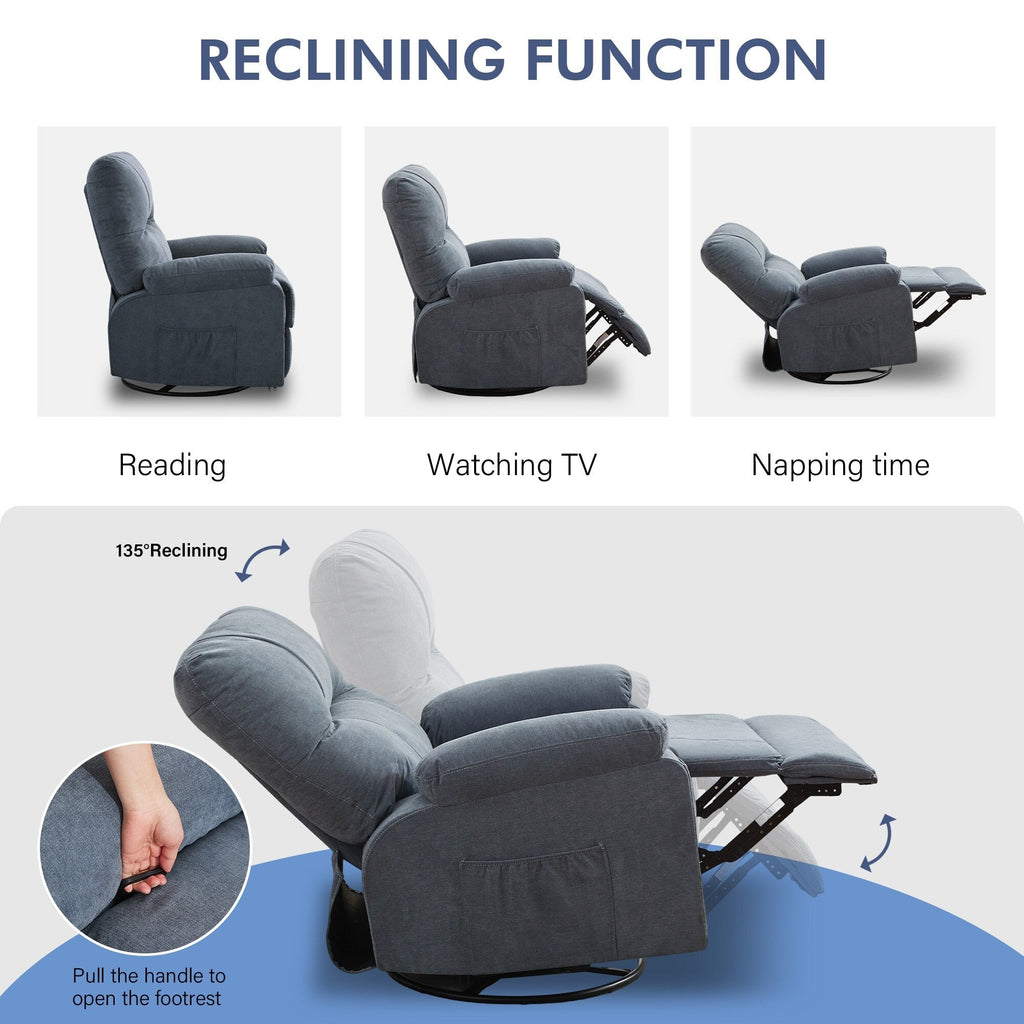 Fauteuil inclinable manuel pivotant à 360 degrés, chaise de salon en tissu avec repose-pieds escamotable et poches latérales.