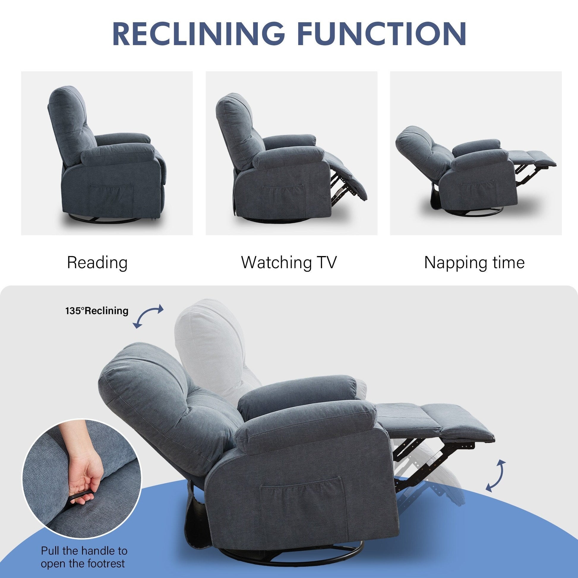 Fauteuil inclinable manuel pivotant à 360 degrés, chaise de salon en tissu avec repose-pieds escamotable et poches latérales.