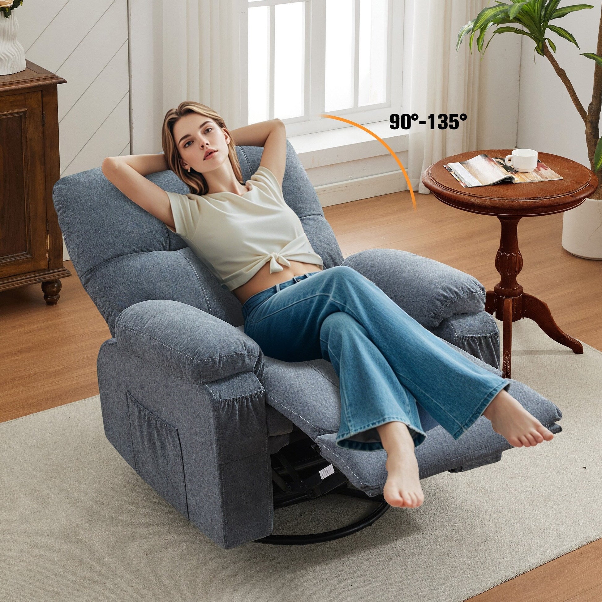 Fauteuil inclinable manuel pivotant à 360 degrés, chaise de salon en tissu avec repose-pieds escamotable et poches latérales.