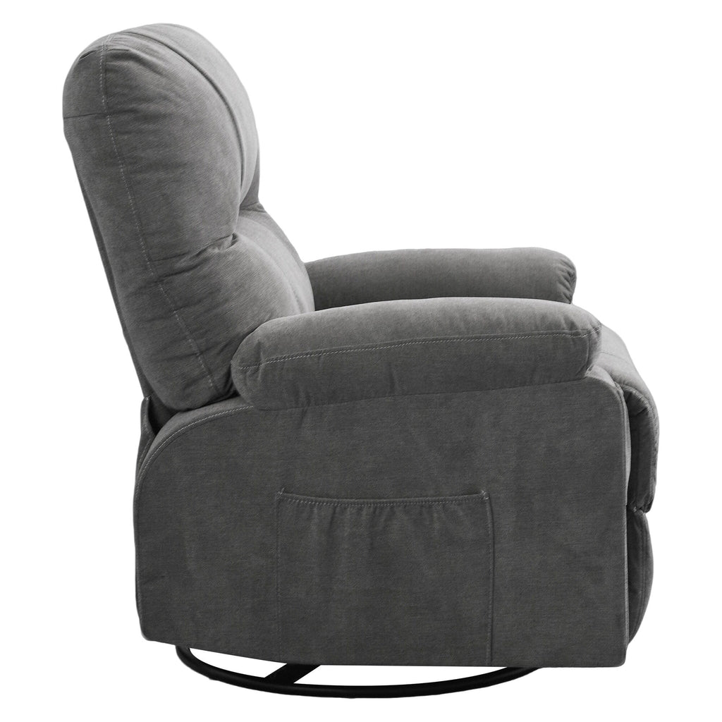 Fauteuil inclinable manuel pivotant à 360 degrés, chaise de salon en tissu avec repose-pieds escamotable et poches latérales.