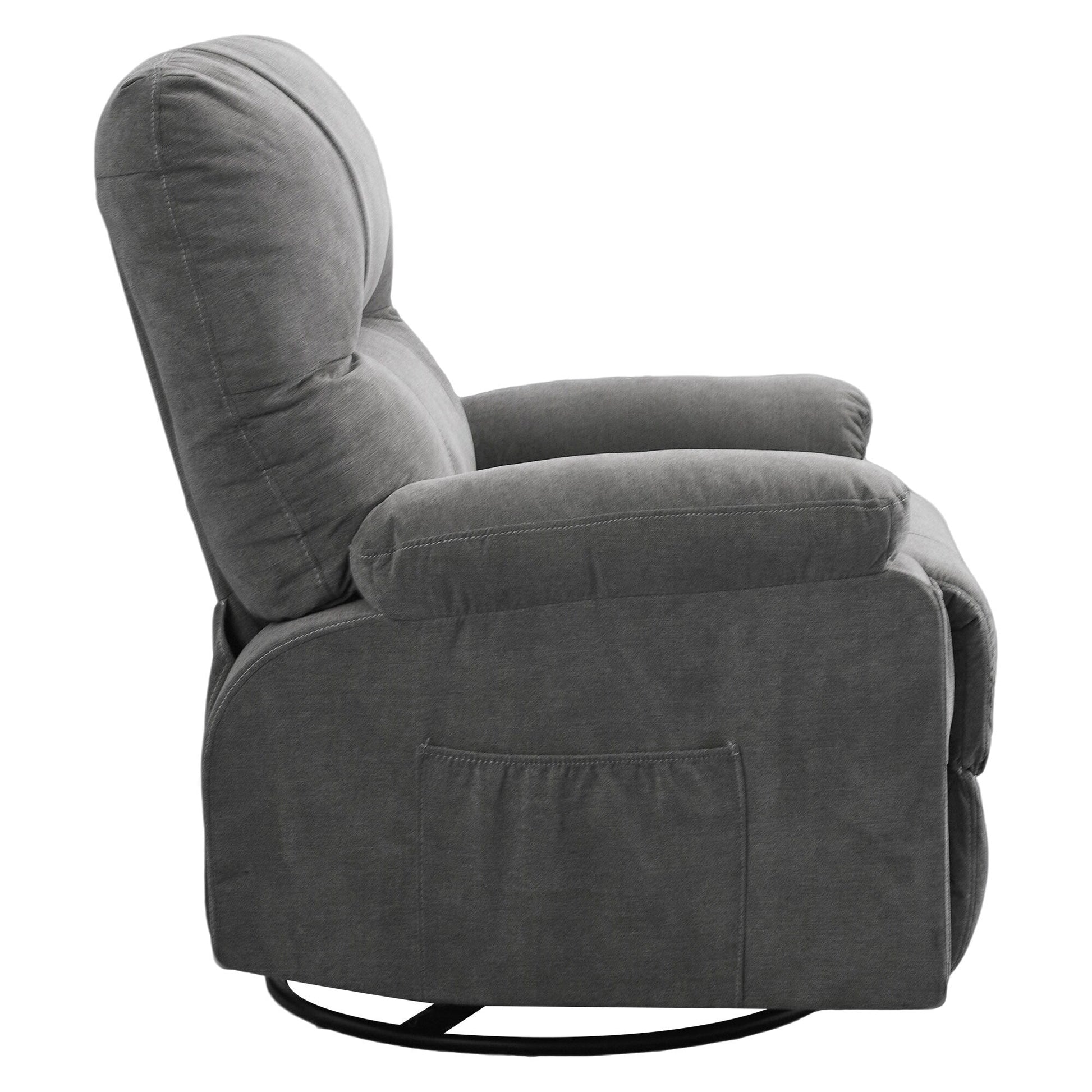 Fauteuil inclinable manuel pivotant à 360 degrés, chaise de salon en tissu avec repose-pieds escamotable et poches latérales.