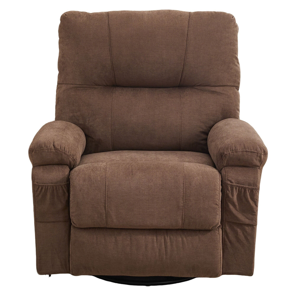 Fauteuil inclinable manuel pivotant à 360 degrés, chaise de salon en tissu avec repose-pieds escamotable et poches latérales.