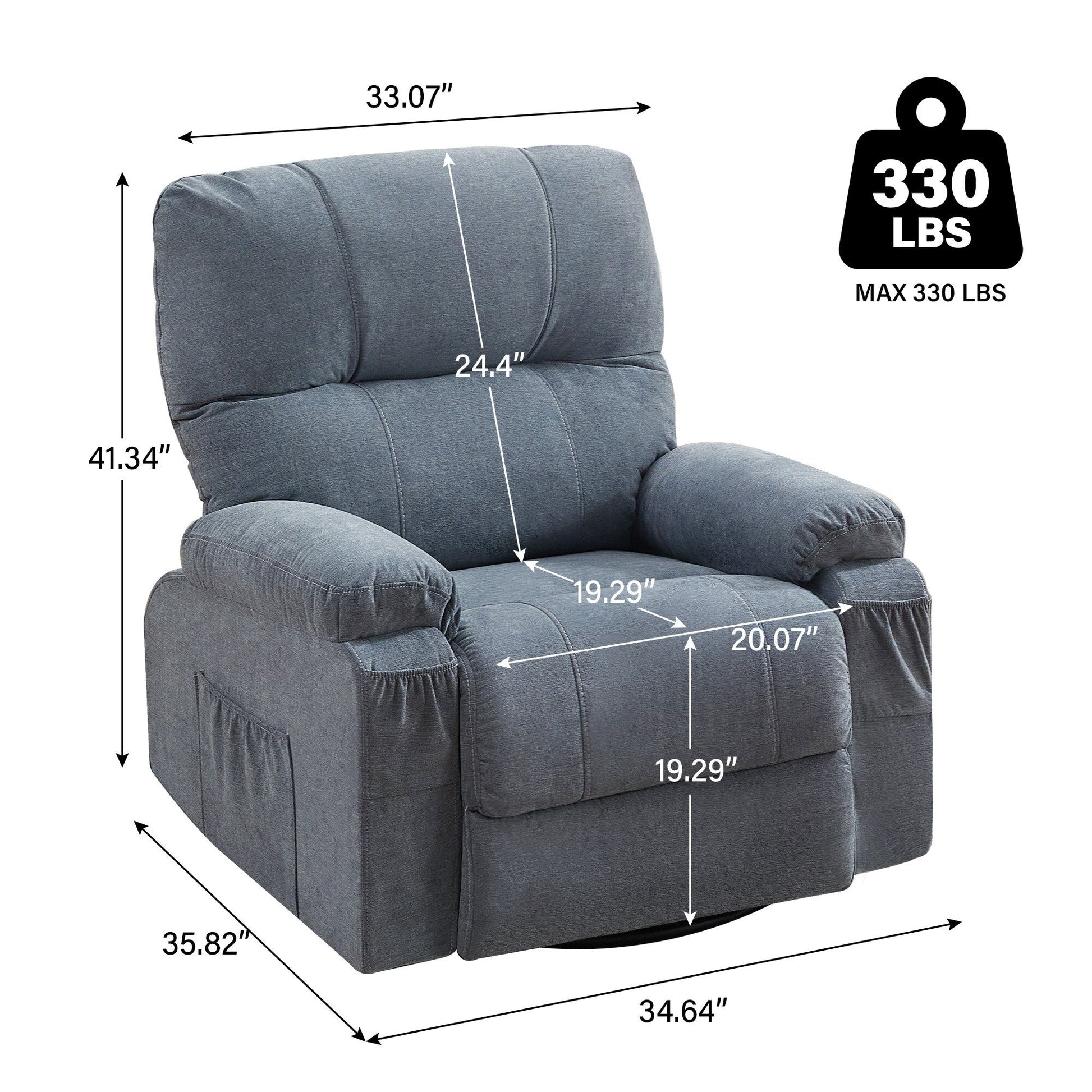 Fauteuil inclinable manuel pivotant à 360 degrés, chaise de salon en tissu avec repose-pieds escamotable et poches latérales.