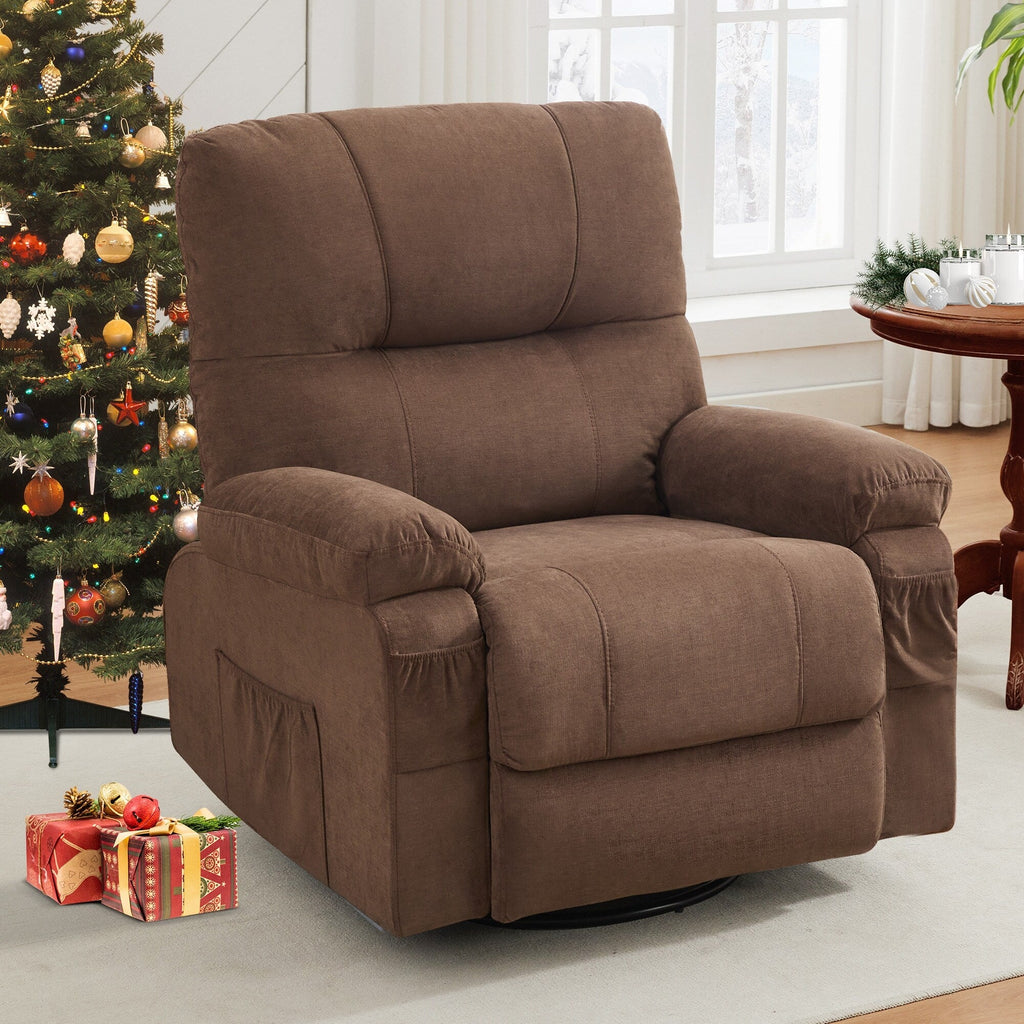 Fauteuil inclinable manuel pivotant à 360 degrés, chaise de salon en tissu avec repose-pieds escamotable et poches latérales.