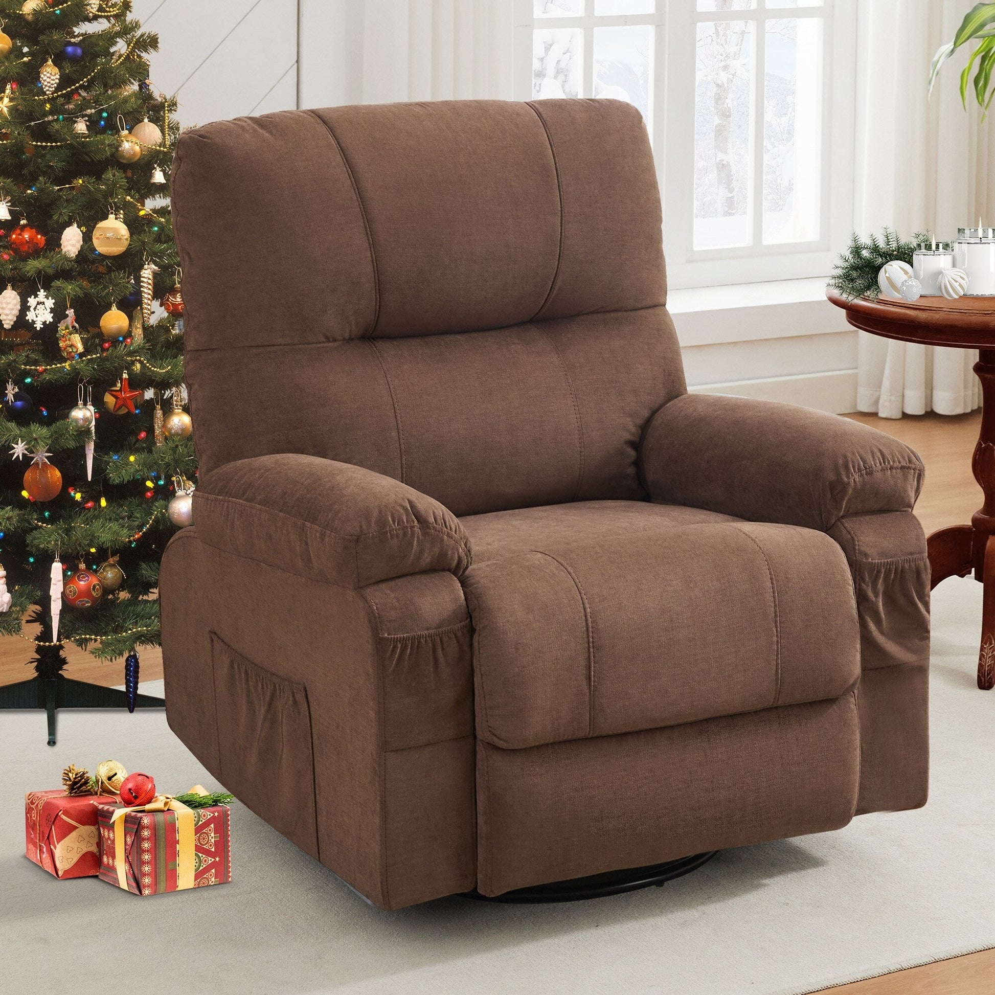 Fauteuil inclinable manuel pivotant à 360 degrés, chaise de salon en tissu avec repose-pieds escamotable et poches latérales.