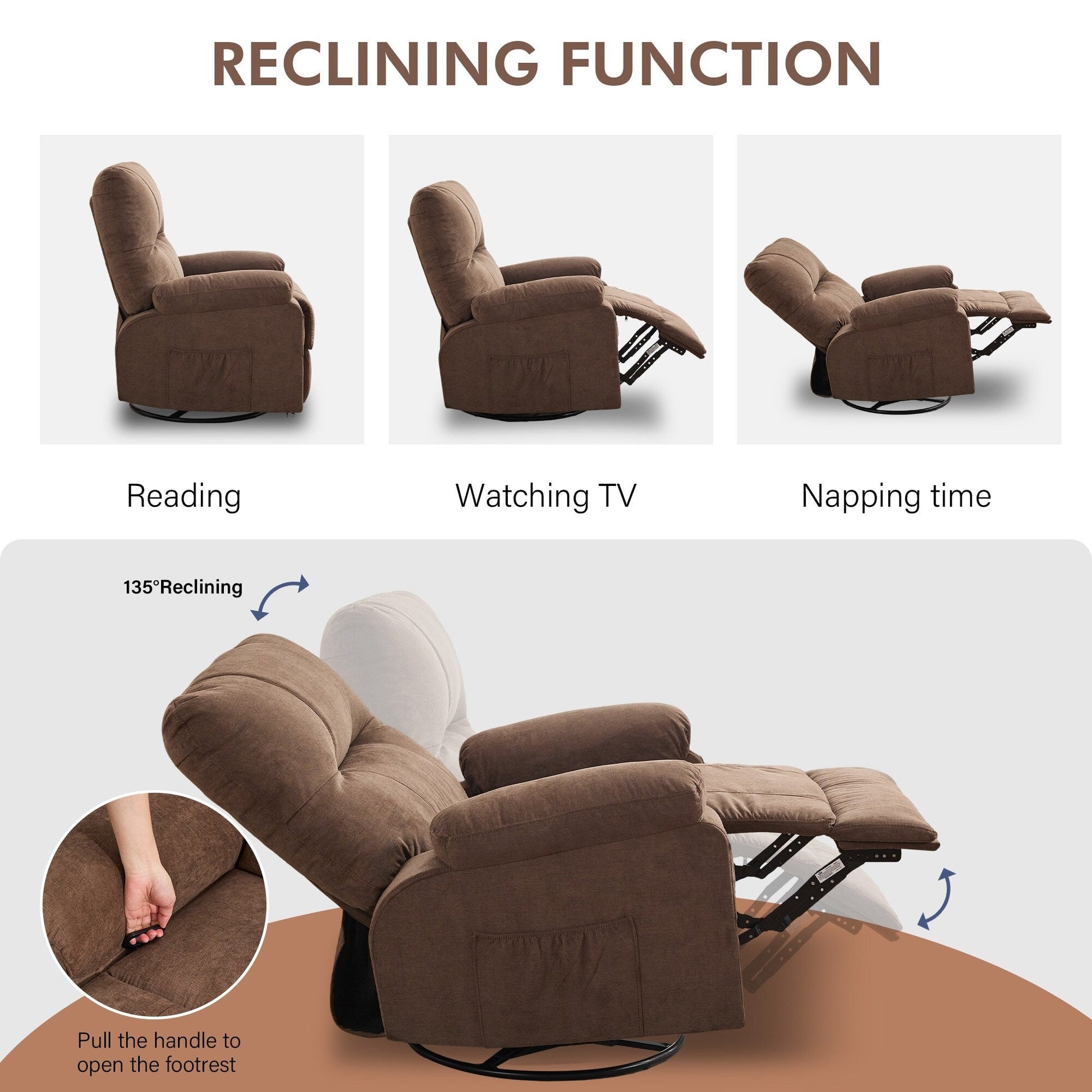 Fauteuil inclinable manuel pivotant à 360 degrés, chaise de salon en tissu avec repose-pieds escamotable et poches latérales.