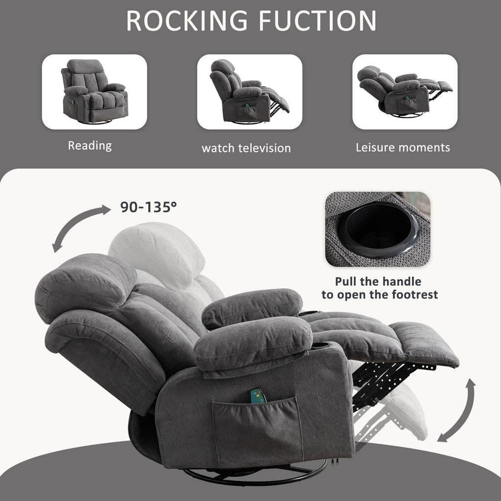 Fauteuil inclinable manuel en tissu, rotatif à 360°, avec massage et chauffage, avec chargeur USB et porte-gobelets doubles.