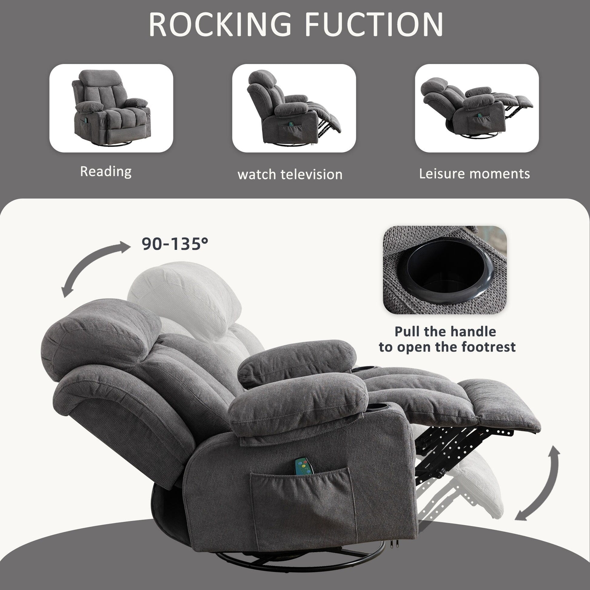 Fauteuil inclinable manuel en tissu, rotatif à 360°, avec massage et chauffage, avec chargeur USB et porte-gobelets doubles.