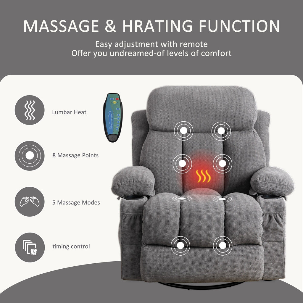 Fauteuil inclinable manuel en tissu, rotatif à 360°, avec massage et chauffage, avec chargeur USB et porte-gobelets doubles.