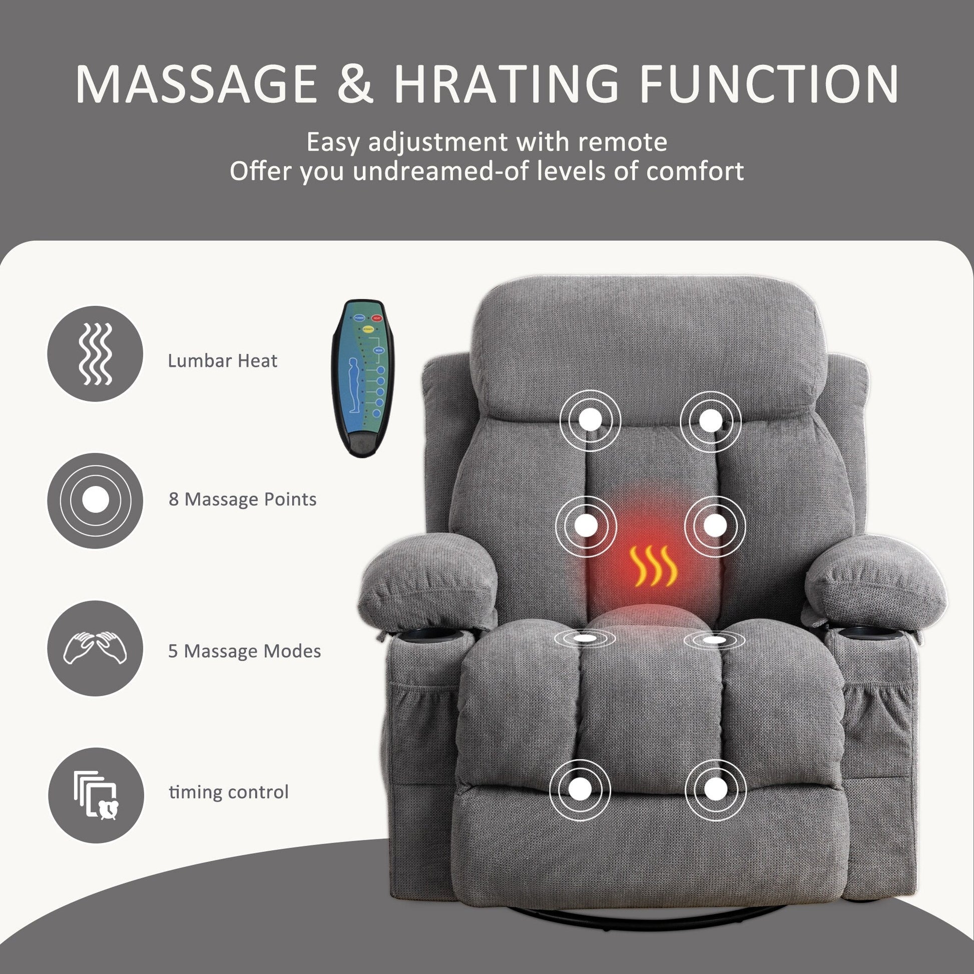 Fauteuil inclinable manuel en tissu, rotatif à 360°, avec massage et chauffage, avec chargeur USB et porte-gobelets doubles.