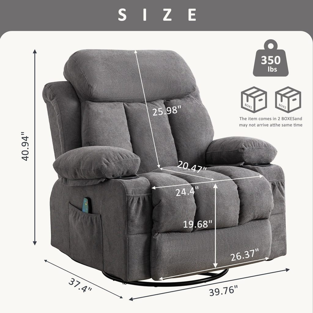 Fauteuil inclinable manuel en tissu, rotatif à 360°, avec massage et chauffage, avec chargeur USB et porte-gobelets doubles.
