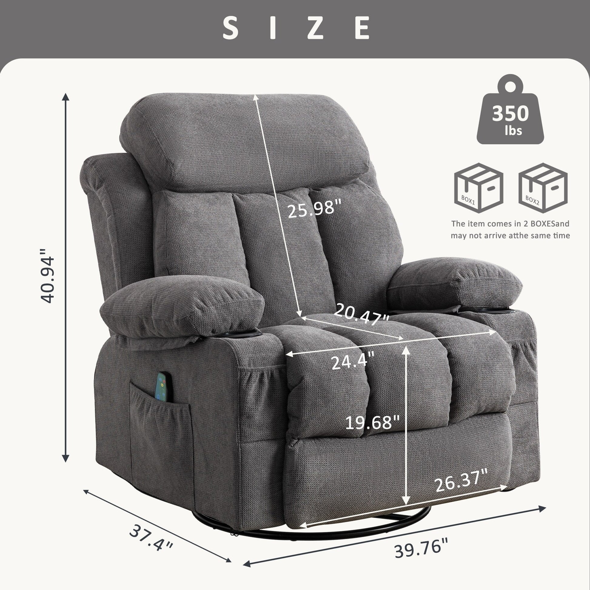 Fauteuil inclinable manuel en tissu, rotatif à 360°, avec massage et chauffage, avec chargeur USB et porte-gobelets doubles.