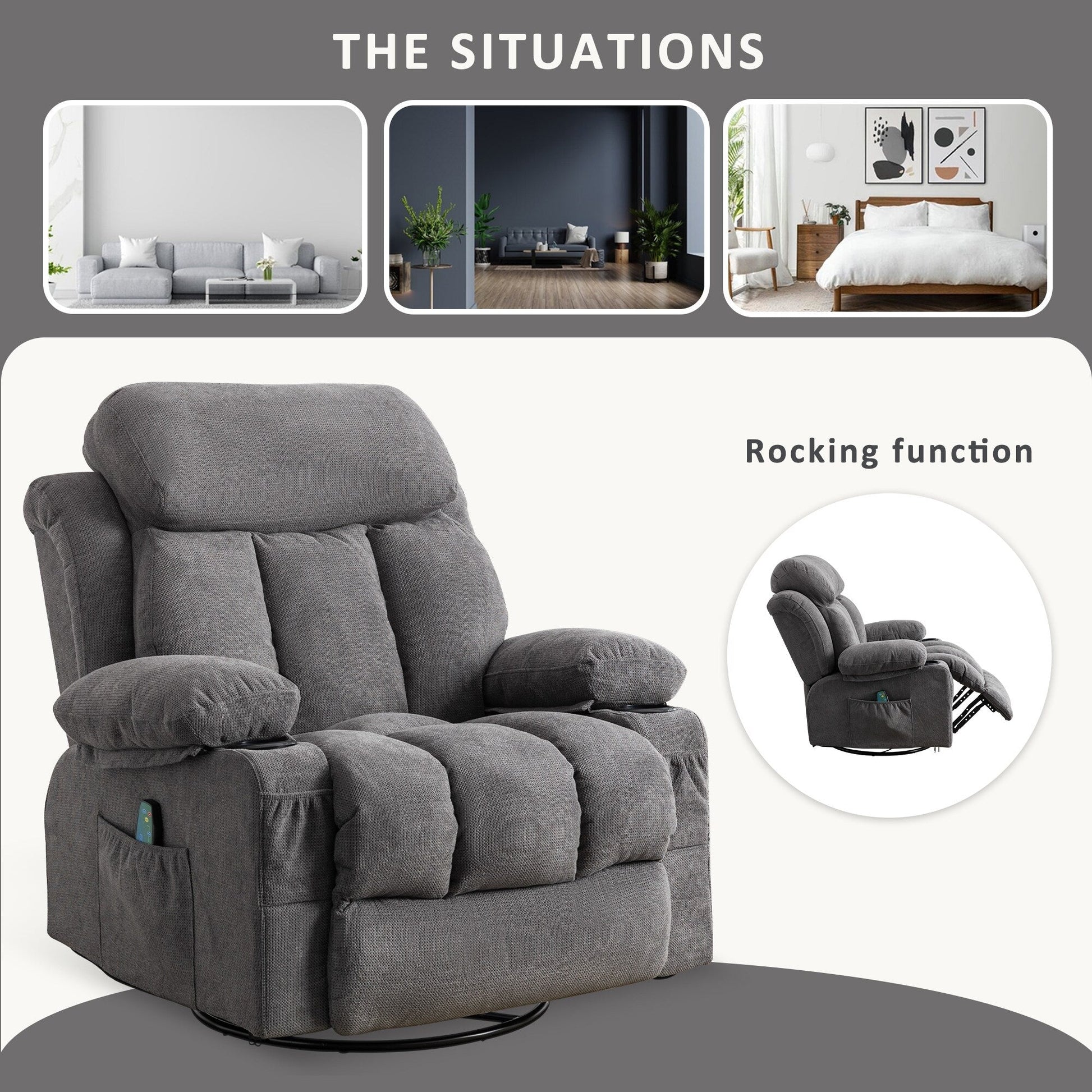 Fauteuil inclinable manuel en tissu, rotatif à 360°, avec massage et chauffage, avec chargeur USB et porte-gobelets doubles.