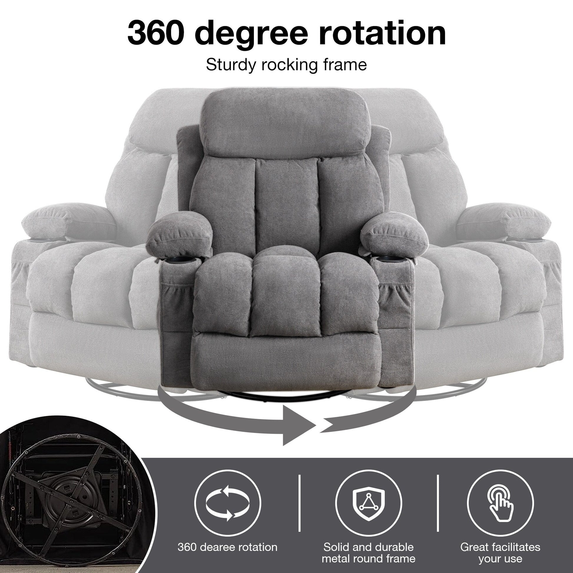 Fauteuil inclinable manuel en tissu, rotatif à 360°, avec massage et chauffage, avec chargeur USB et porte-gobelets doubles.