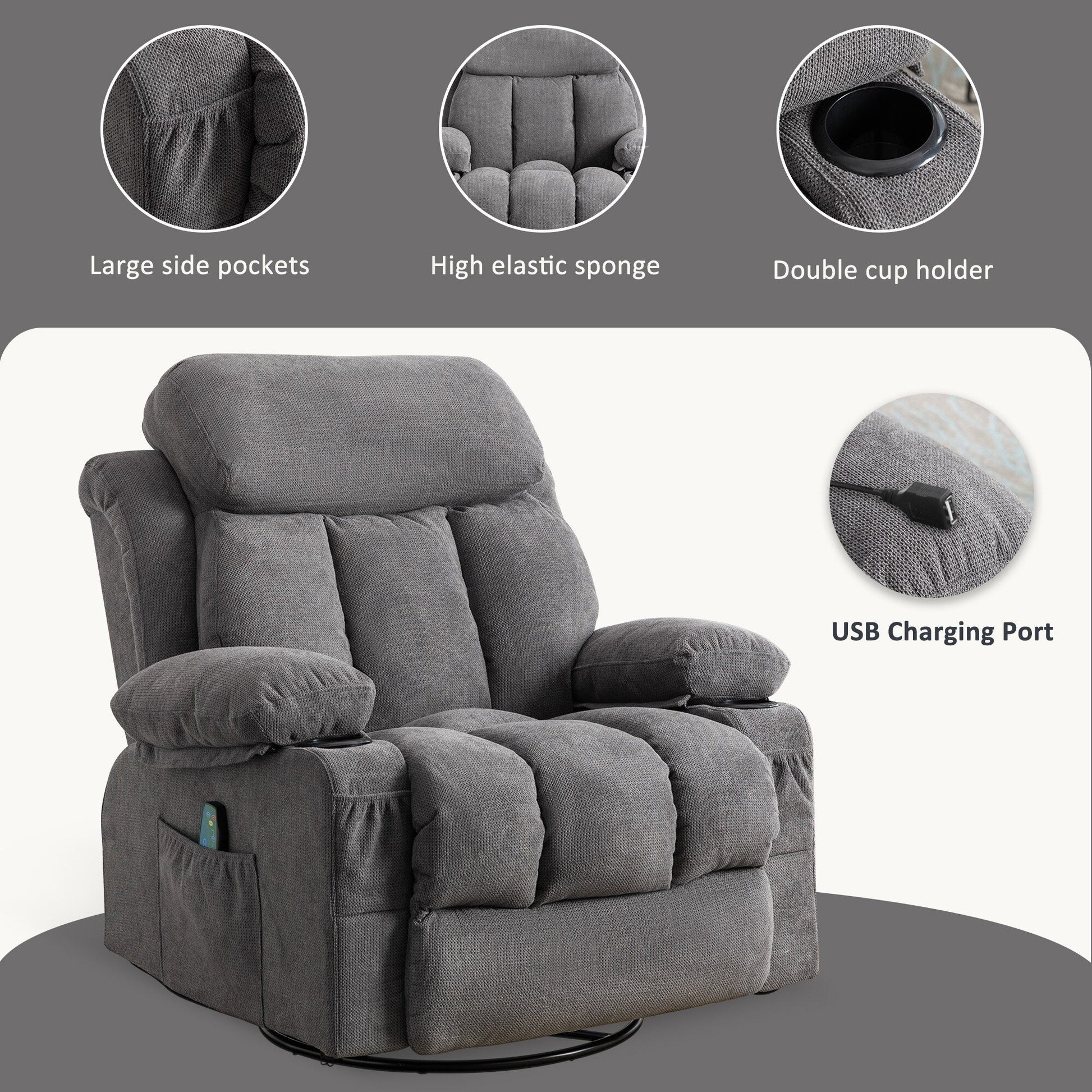 Fauteuil inclinable manuel en tissu, rotatif à 360°, avec massage et chauffage, avec chargeur USB et porte-gobelets doubles.