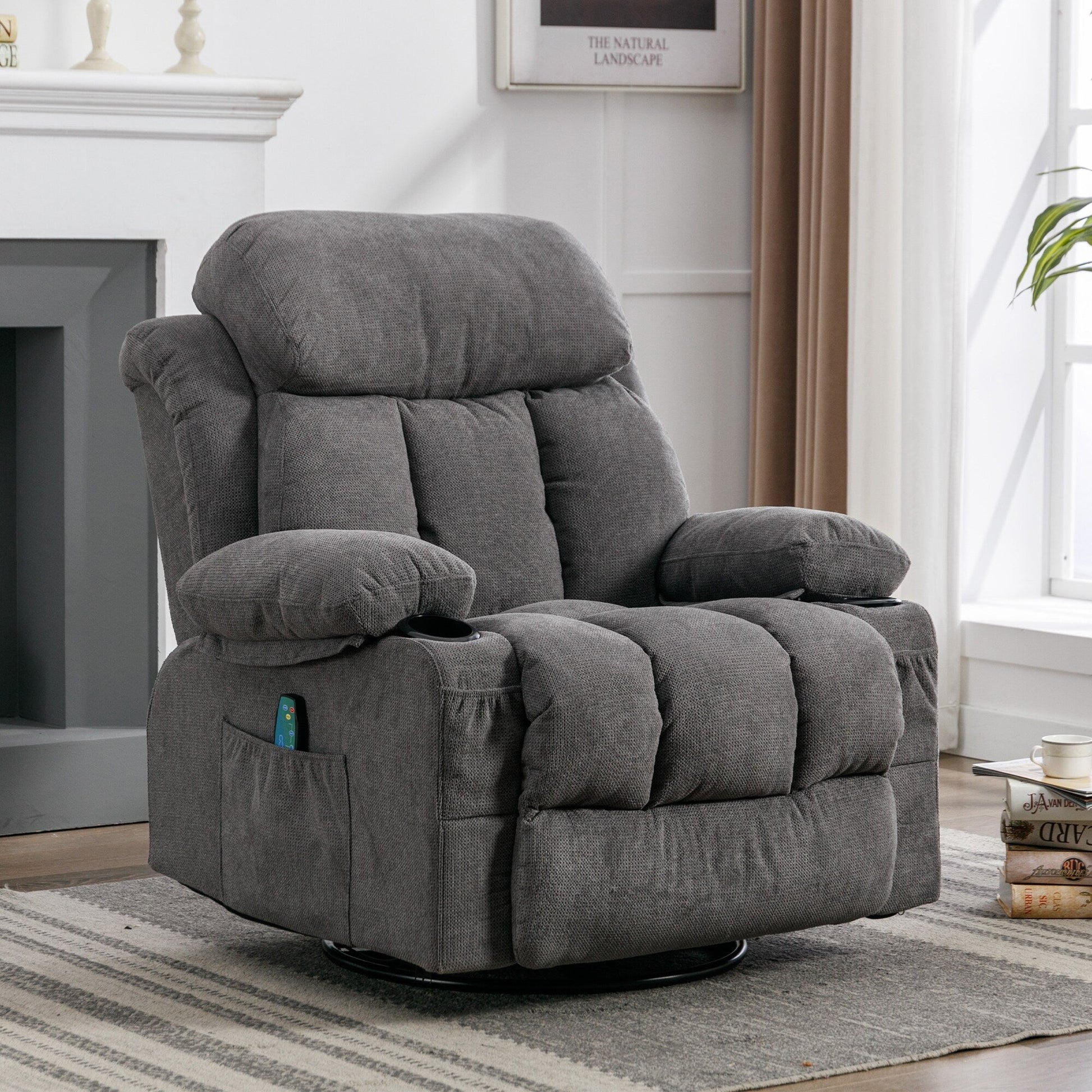 Fauteuil inclinable manuel en tissu, rotatif à 360°, avec massage et chauffage, avec chargeur USB et porte-gobelets doubles.