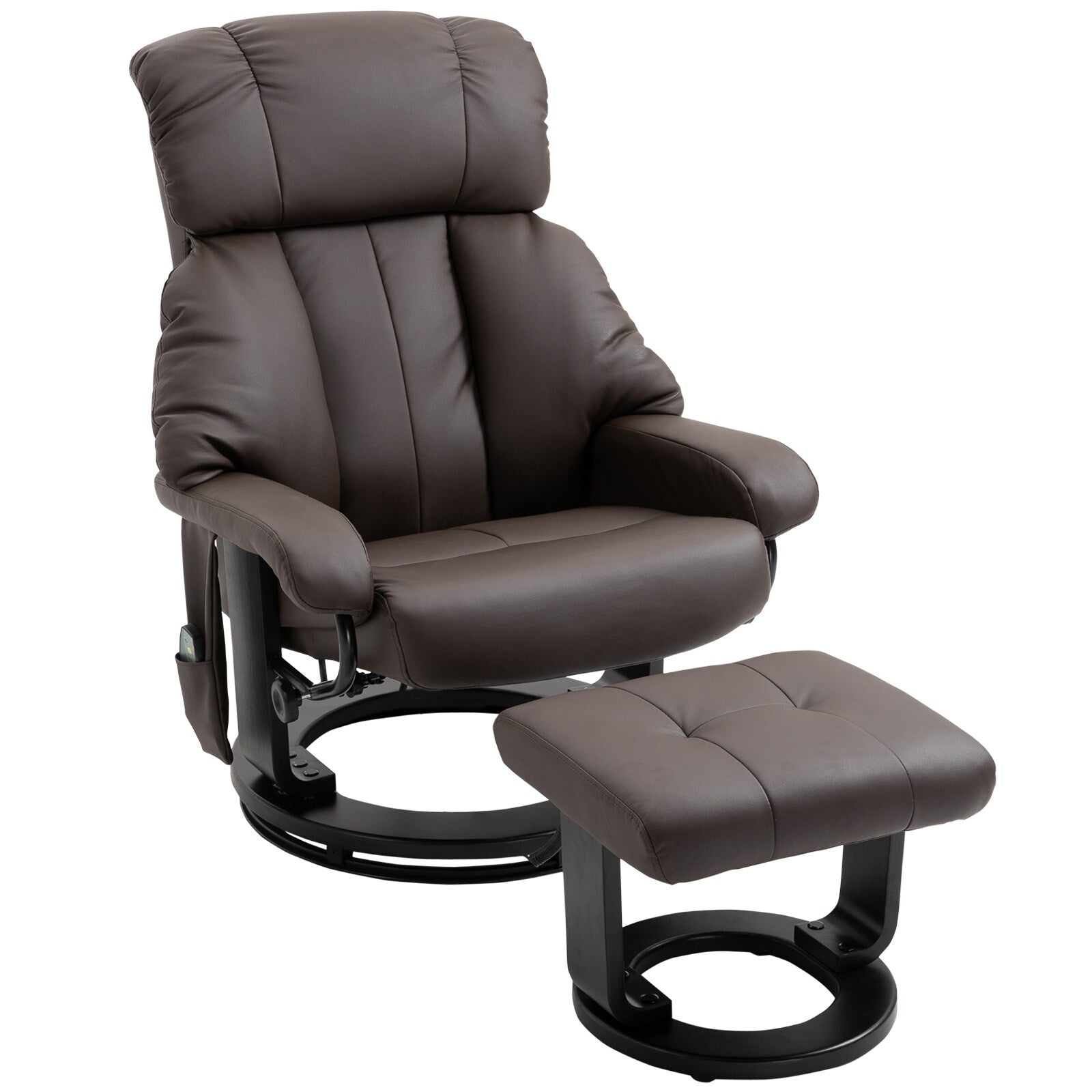 Fauteuil inclinable de massage pivotant à 360 degrés en cuir PU avec dossier inclinable à 145 degrés, repose-pieds, télécommande et poche latérale.