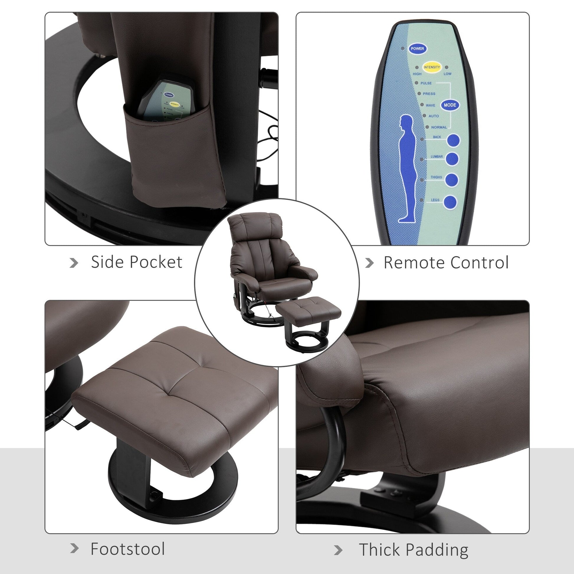 Fauteuil inclinable de massage pivotant à 360 degrés en cuir PU avec dossier inclinable à 145 degrés, repose-pieds, télécommande et poche latérale.