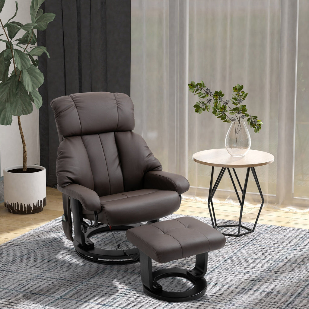 Fauteuil inclinable de massage pivotant à 360 degrés en cuir PU avec dossier inclinable à 145 degrés, repose-pieds, télécommande et poche latérale.