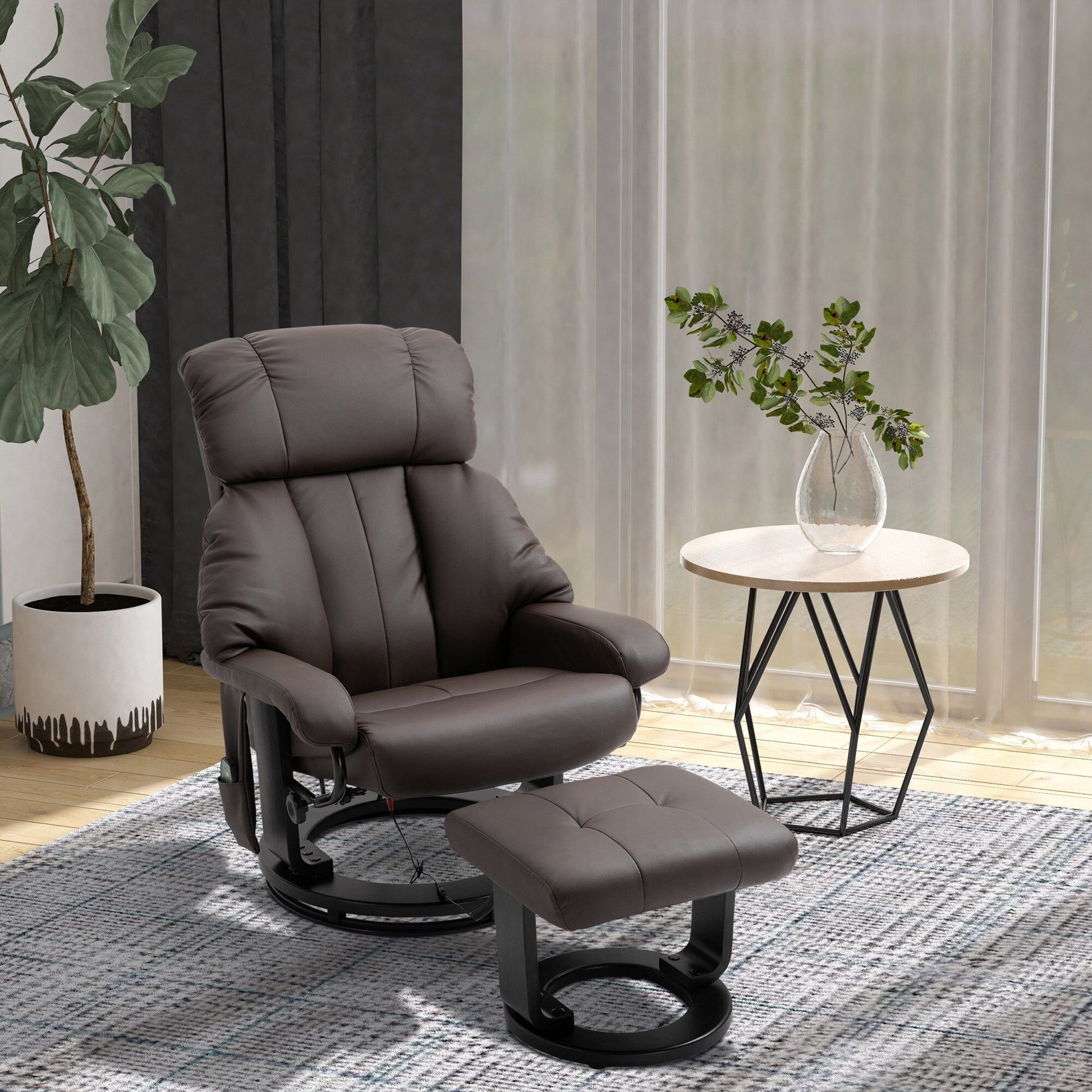Fauteuil inclinable de massage pivotant à 360 degrés en cuir PU avec dossier inclinable à 145 degrés, repose-pieds, télécommande et poche latérale.