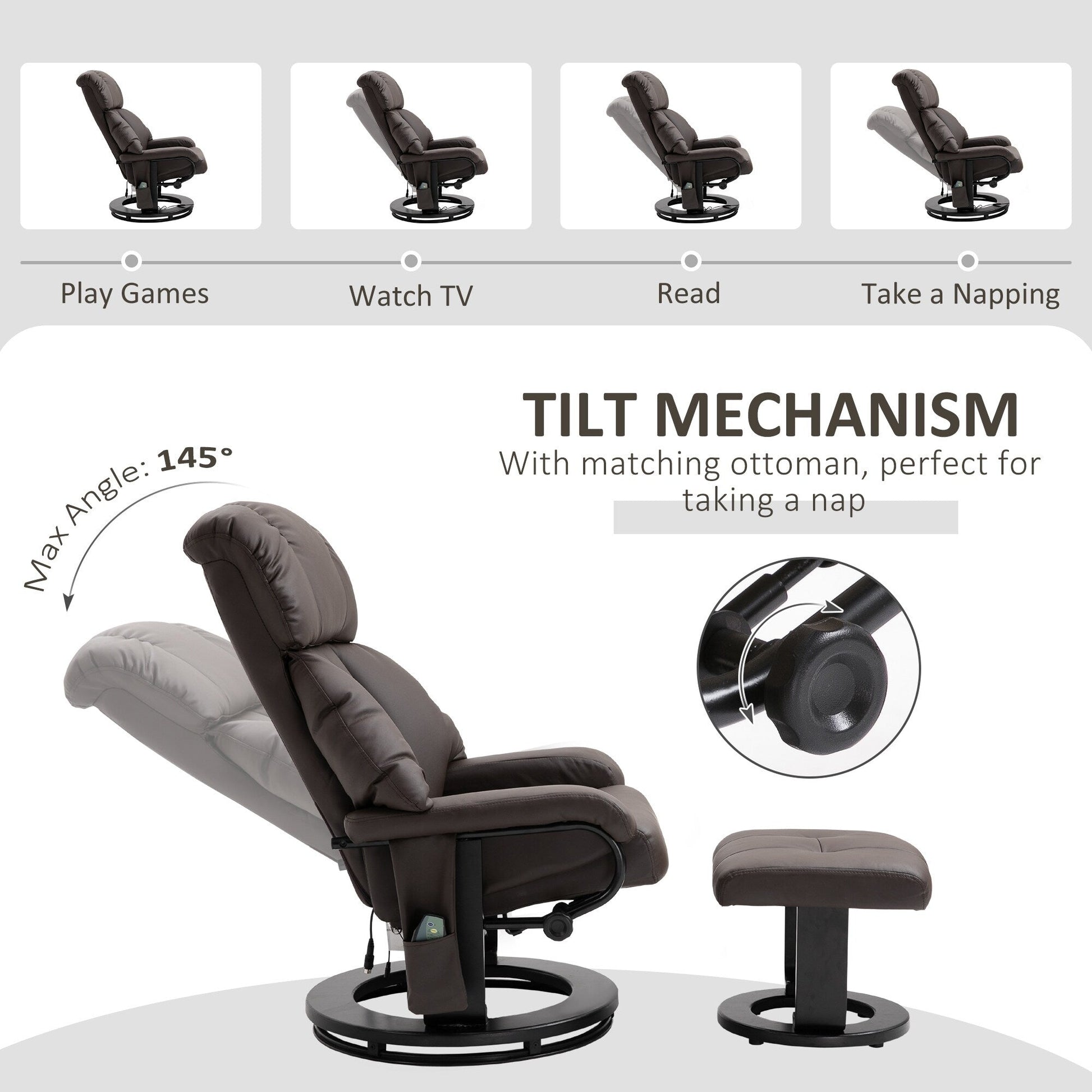 Fauteuil inclinable de massage pivotant à 360 degrés en cuir PU avec dossier inclinable à 145 degrés, repose-pieds, télécommande et poche latérale.