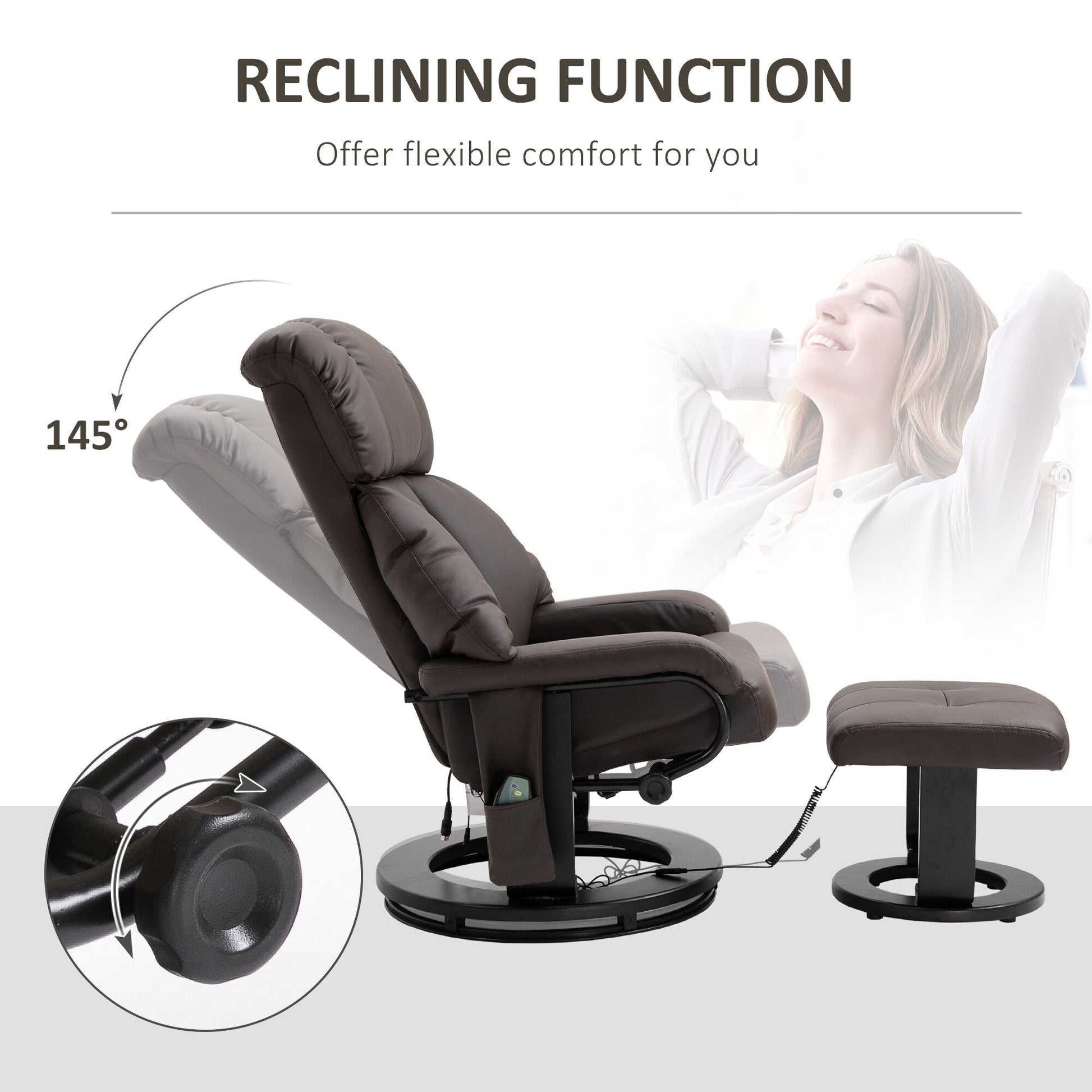 Fauteuil inclinable de massage pivotant à 360 degrés en cuir PU avec dossier inclinable à 145 degrés, repose-pieds, télécommande et poche latérale.