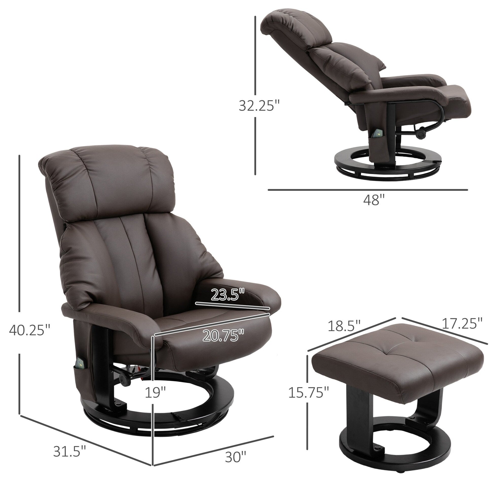 Fauteuil inclinable de massage pivotant à 360 degrés en cuir PU avec dossier inclinable à 145 degrés, repose-pieds, télécommande et poche latérale.