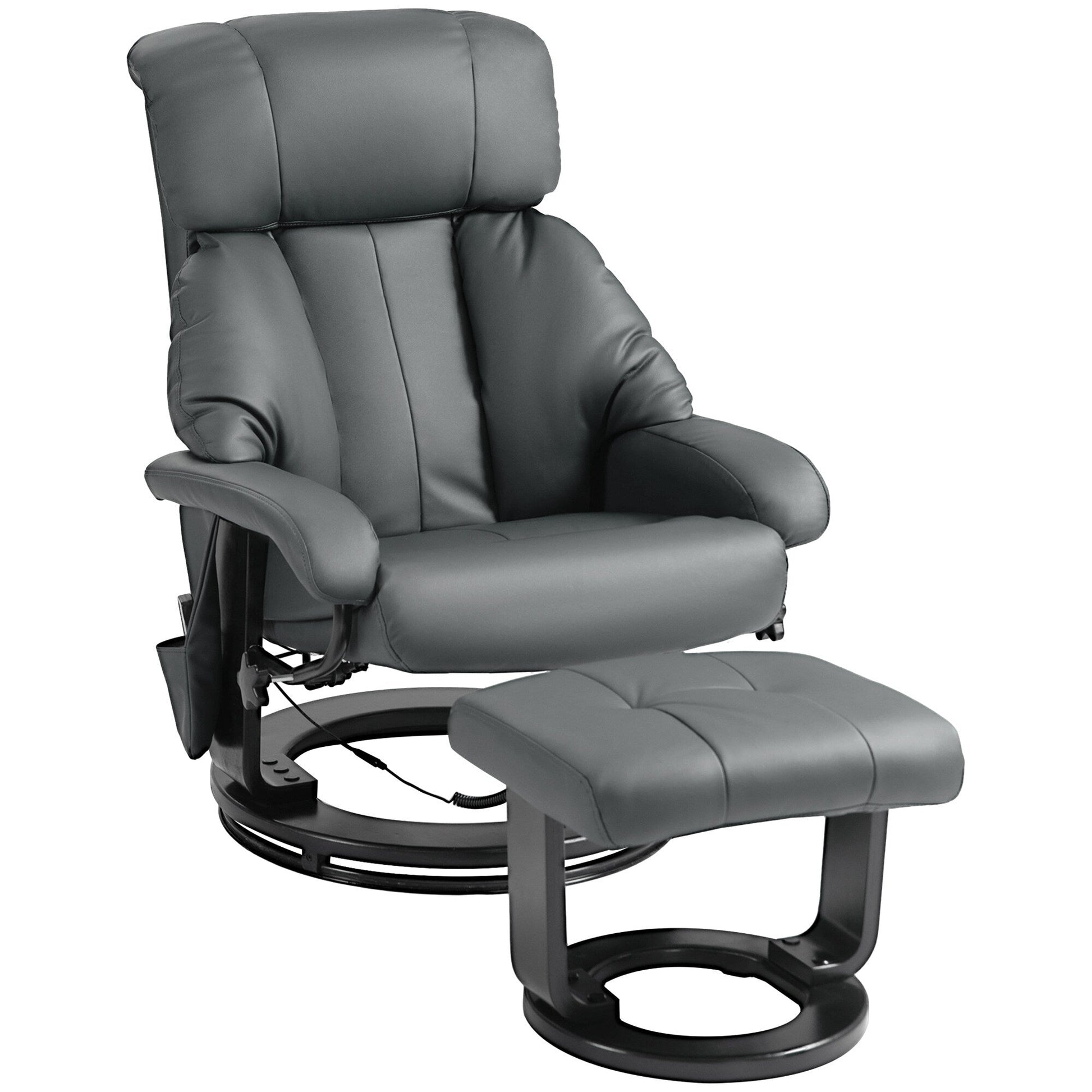 Fauteuil inclinable de massage manuel en cuir PU pivotant à 360°, avec repose-pieds, dossier réglable et 10 points de vibration.
