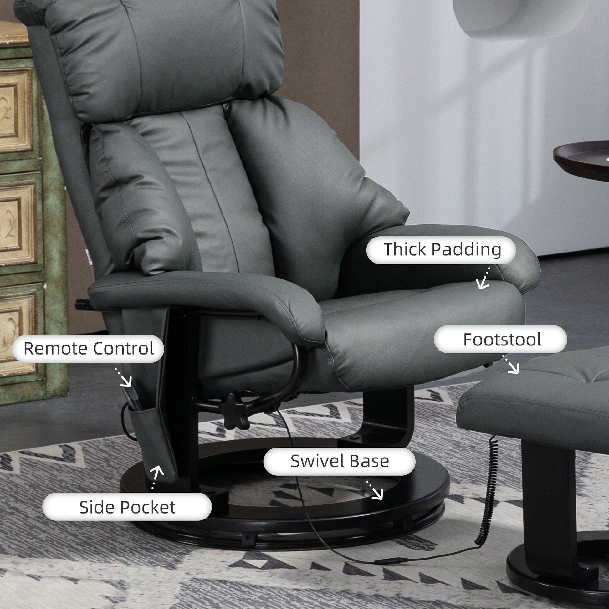 Fauteuil inclinable de massage manuel en cuir PU pivotant à 360°, avec repose-pieds, dossier réglable et 10 points de vibration.