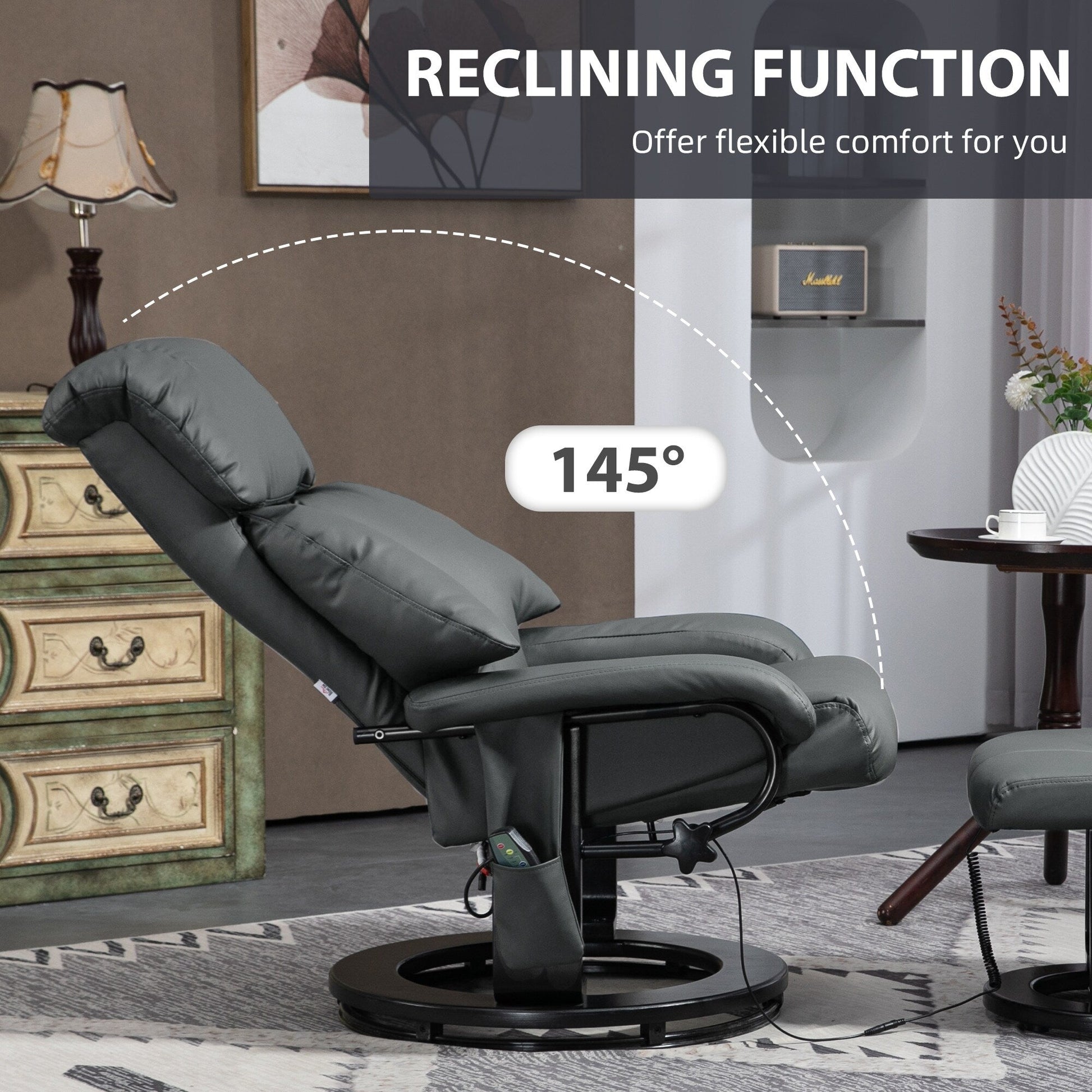 Fauteuil inclinable de massage manuel en cuir PU pivotant à 360°, avec repose-pieds, dossier réglable et 10 points de vibration.