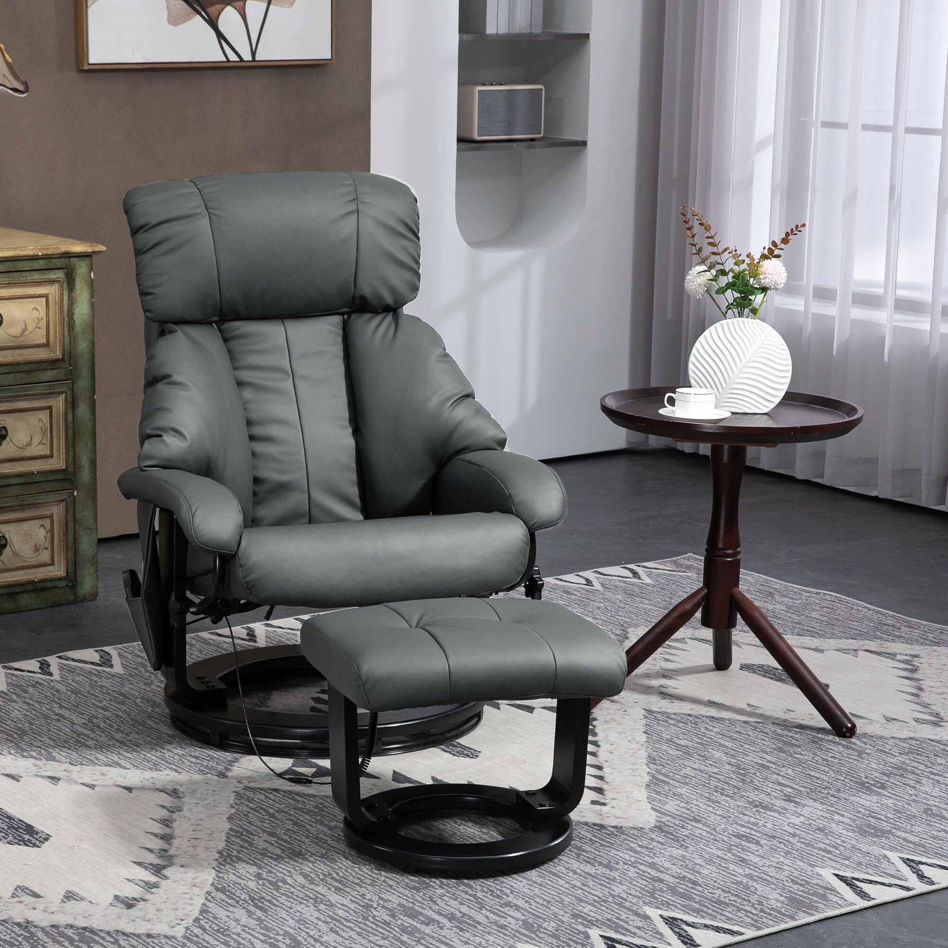 Fauteuil inclinable de massage manuel en cuir PU pivotant à 360°, avec repose-pieds, dossier réglable et 10 points de vibration.