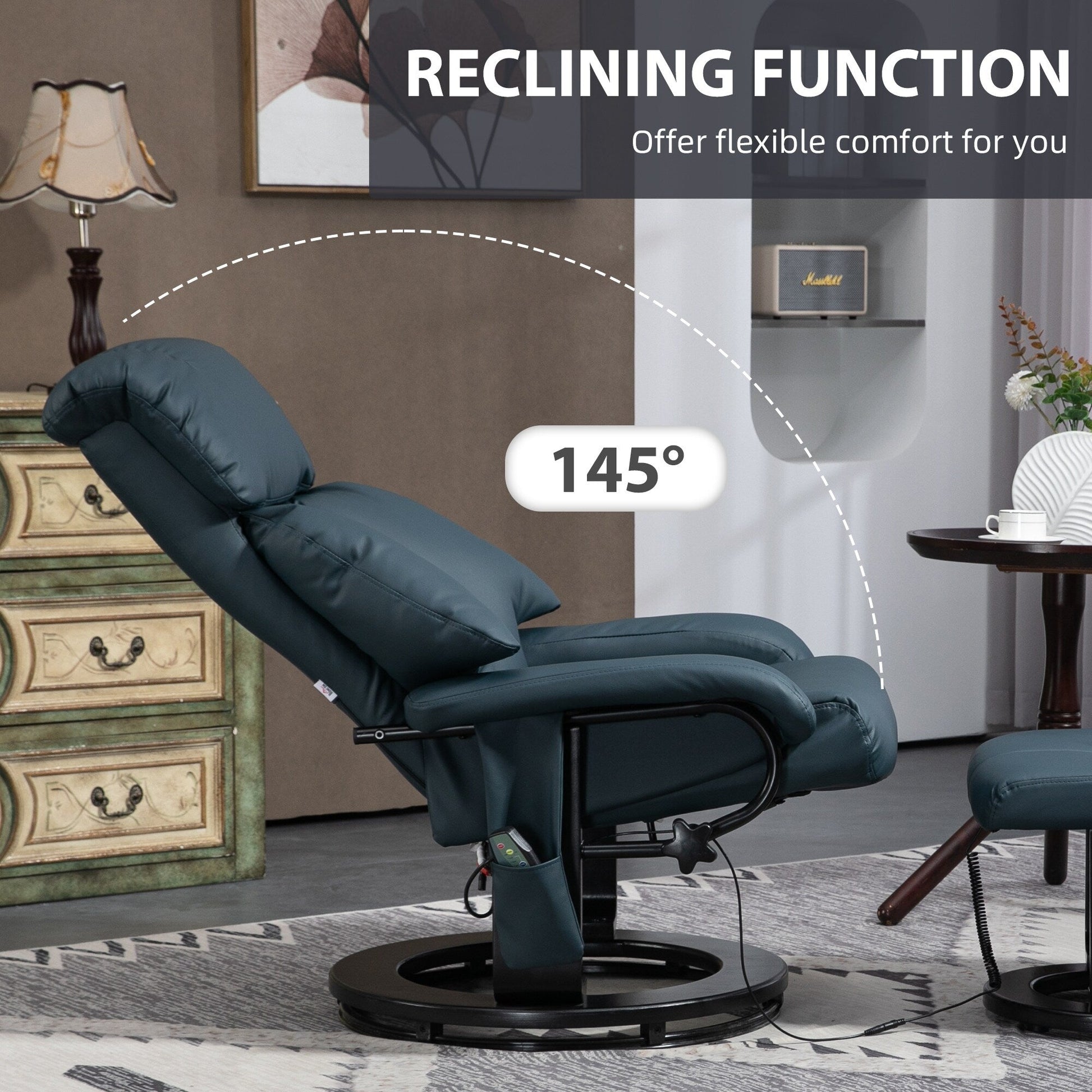 Fauteuil inclinable de massage manuel en cuir PU pivotant à 360°, avec repose-pieds, dossier réglable et 10 points de vibration.