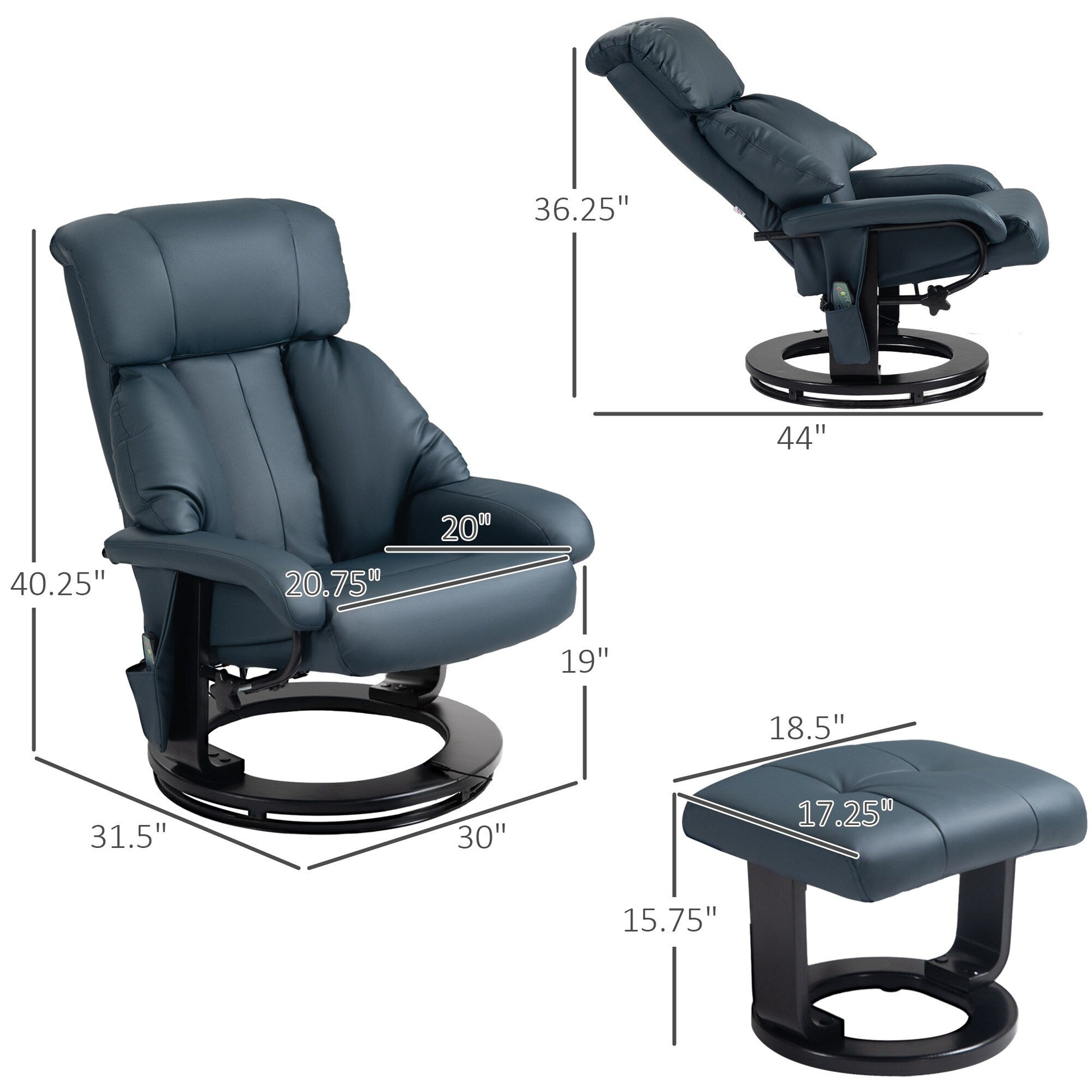 Fauteuil inclinable de massage manuel en cuir PU pivotant à 360°, avec repose-pieds, dossier réglable et 10 points de vibration.
