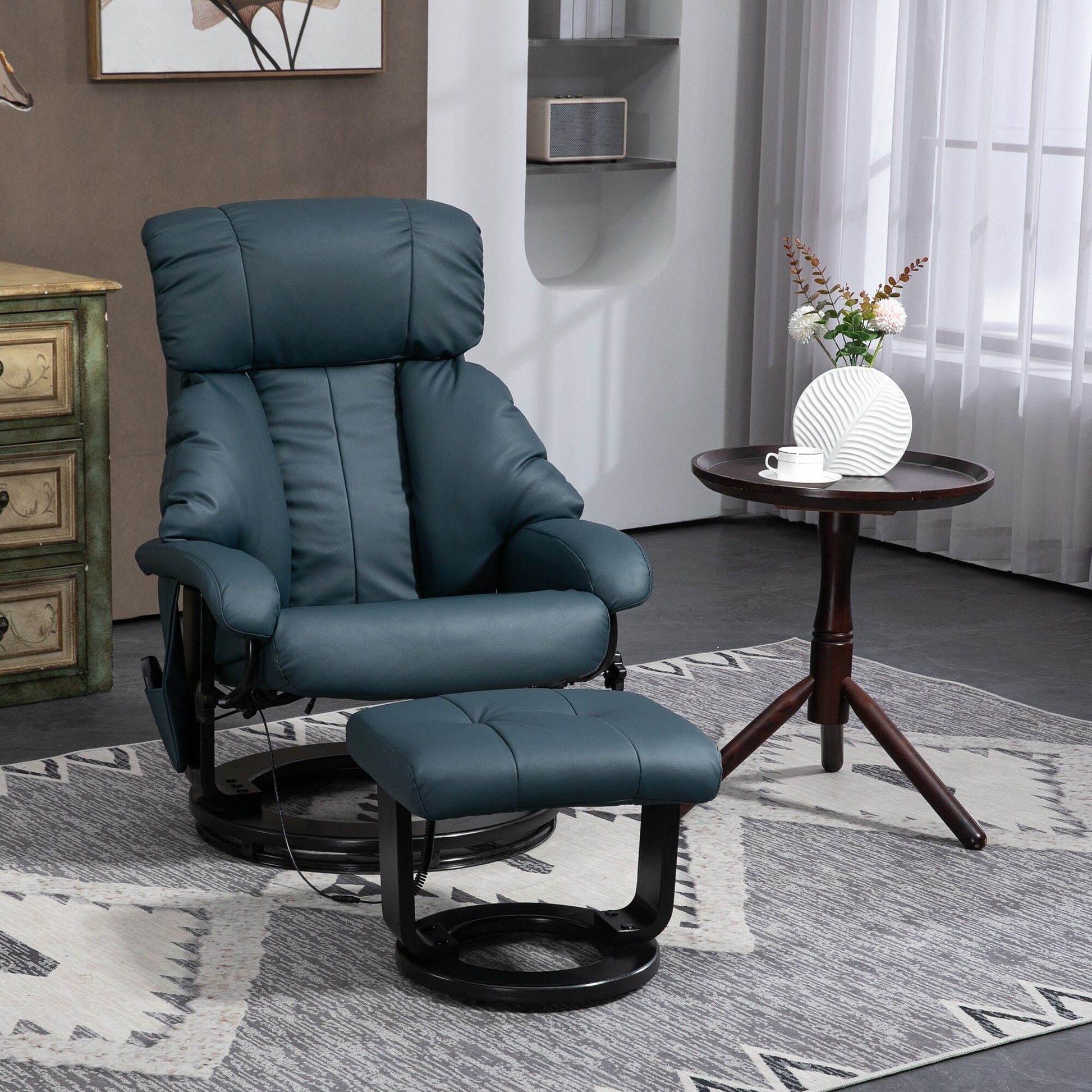 Fauteuil inclinable de massage manuel en cuir PU pivotant à 360°, avec repose-pieds, dossier réglable et 10 points de vibration.