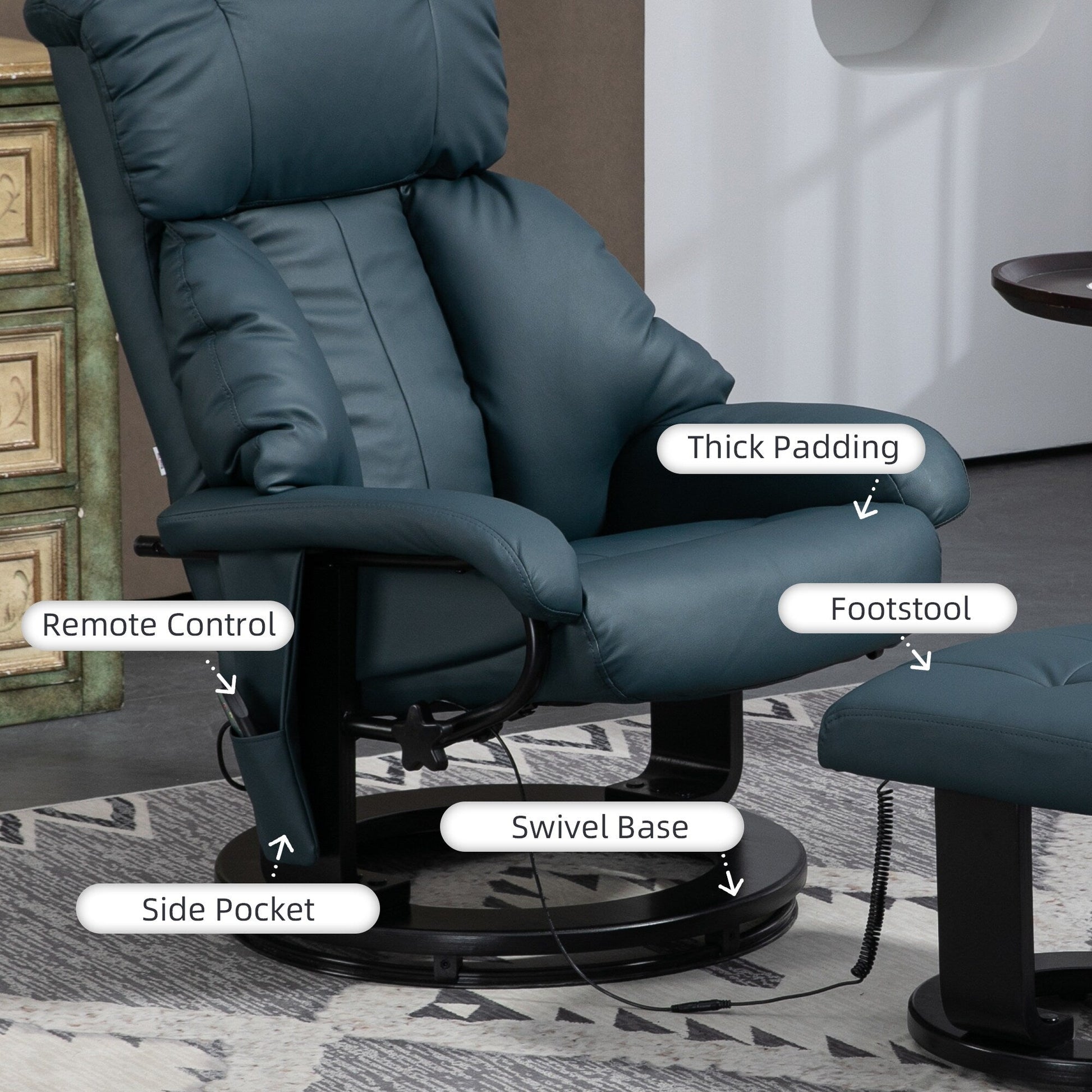 Fauteuil inclinable de massage manuel en cuir PU pivotant à 360°, avec repose-pieds, dossier réglable et 10 points de vibration.