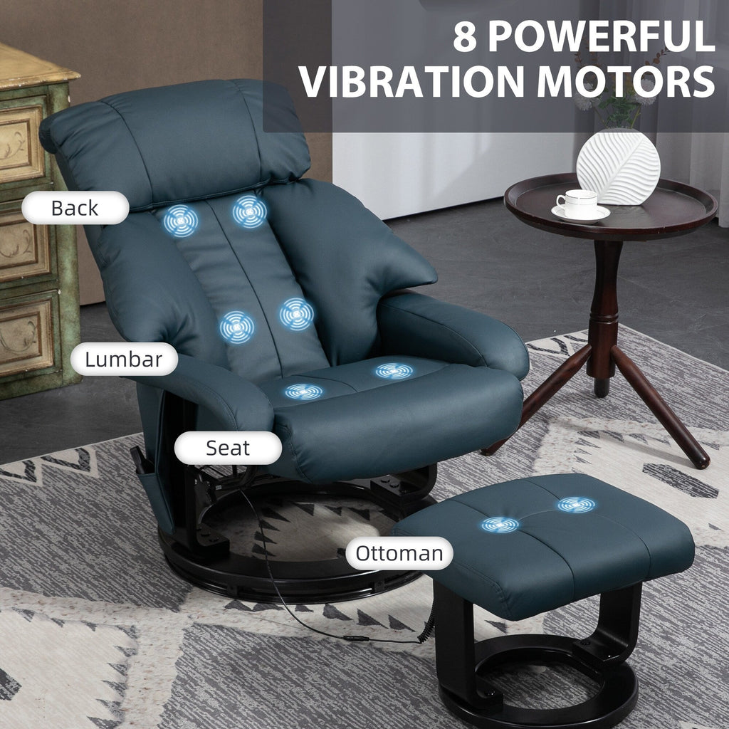 Fauteuil inclinable de massage manuel en cuir PU pivotant à 360°, avec repose-pieds, dossier réglable et 10 points de vibration.