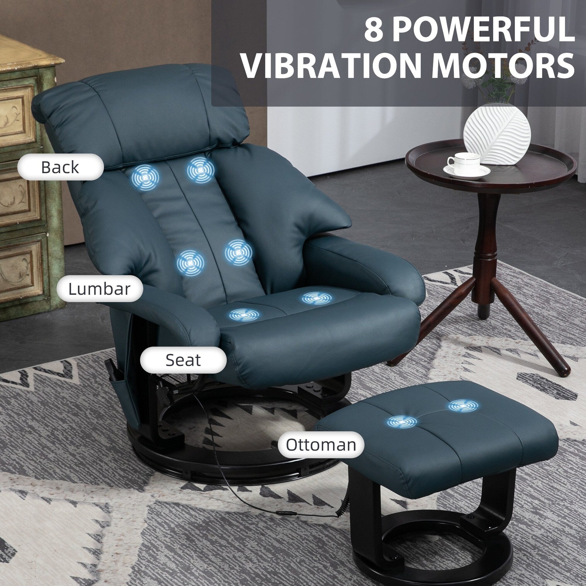 Fauteuil inclinable de massage manuel en cuir PU pivotant à 360°, avec repose-pieds, dossier réglable et 10 points de vibration.