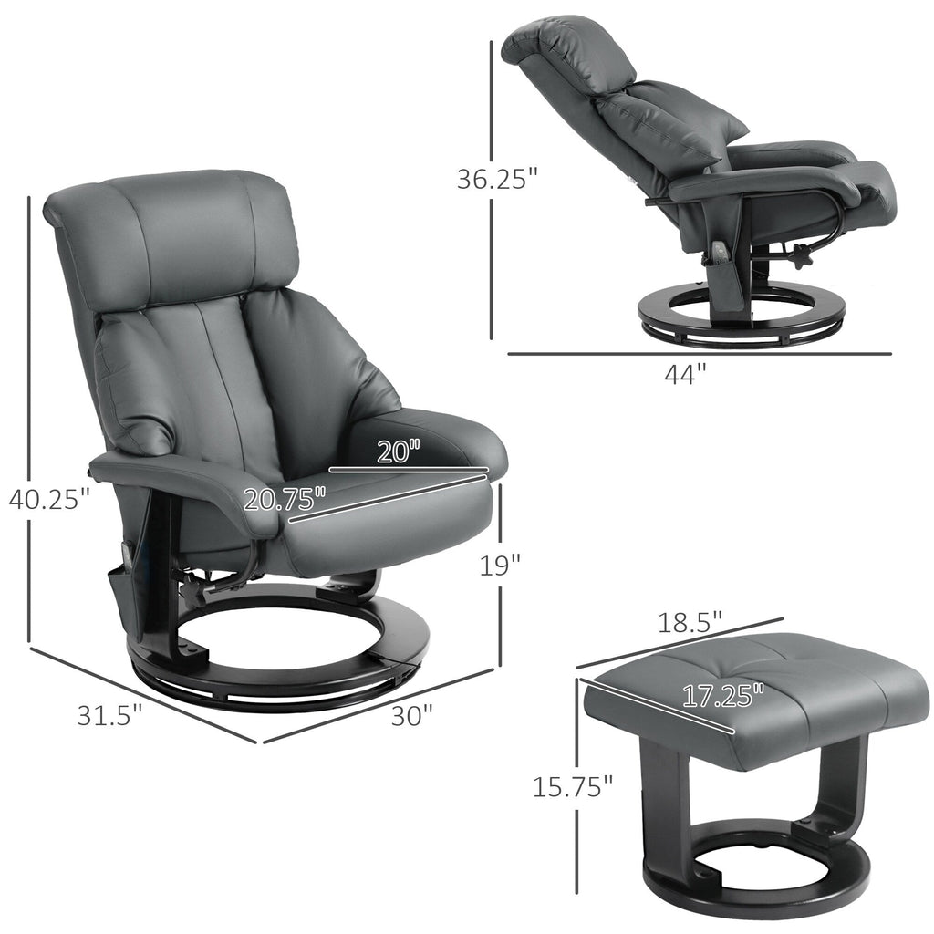 Fauteuil inclinable de massage manuel en cuir PU pivotant à 360°, avec repose-pieds, dossier réglable et 10 points de vibration.