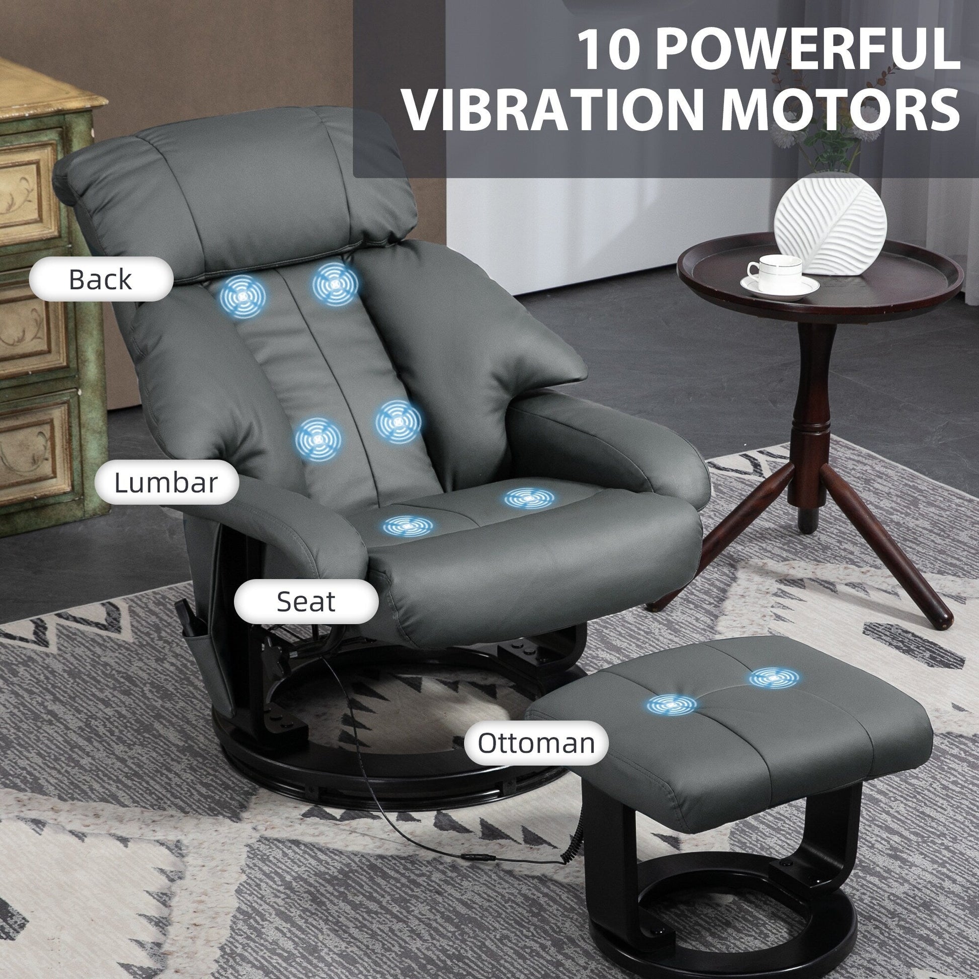 Fauteuil inclinable de massage manuel en cuir PU pivotant à 360°, avec repose-pieds, dossier réglable et 10 points de vibration.