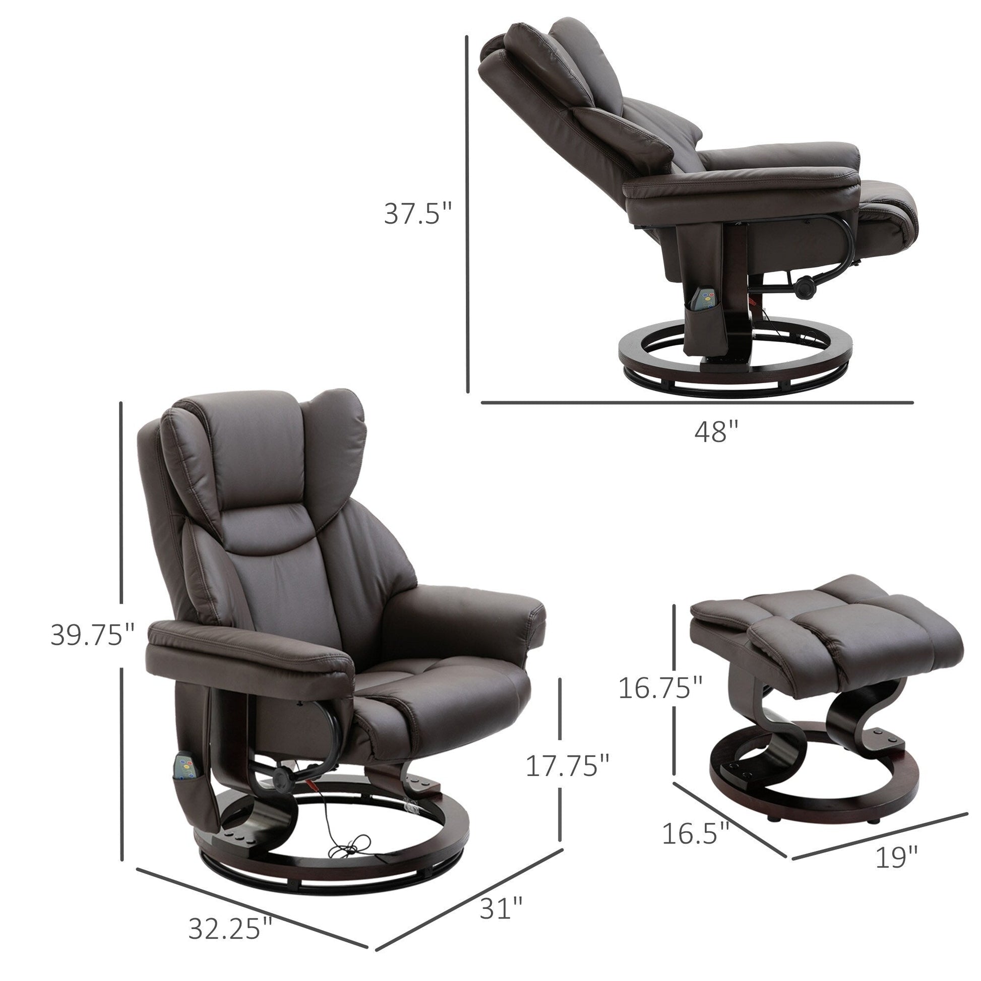 Fauteuil de massage inclinable en cuir PU pivotant à 360°, avec 10 points de vibration, dossier et repose-pieds réglables.