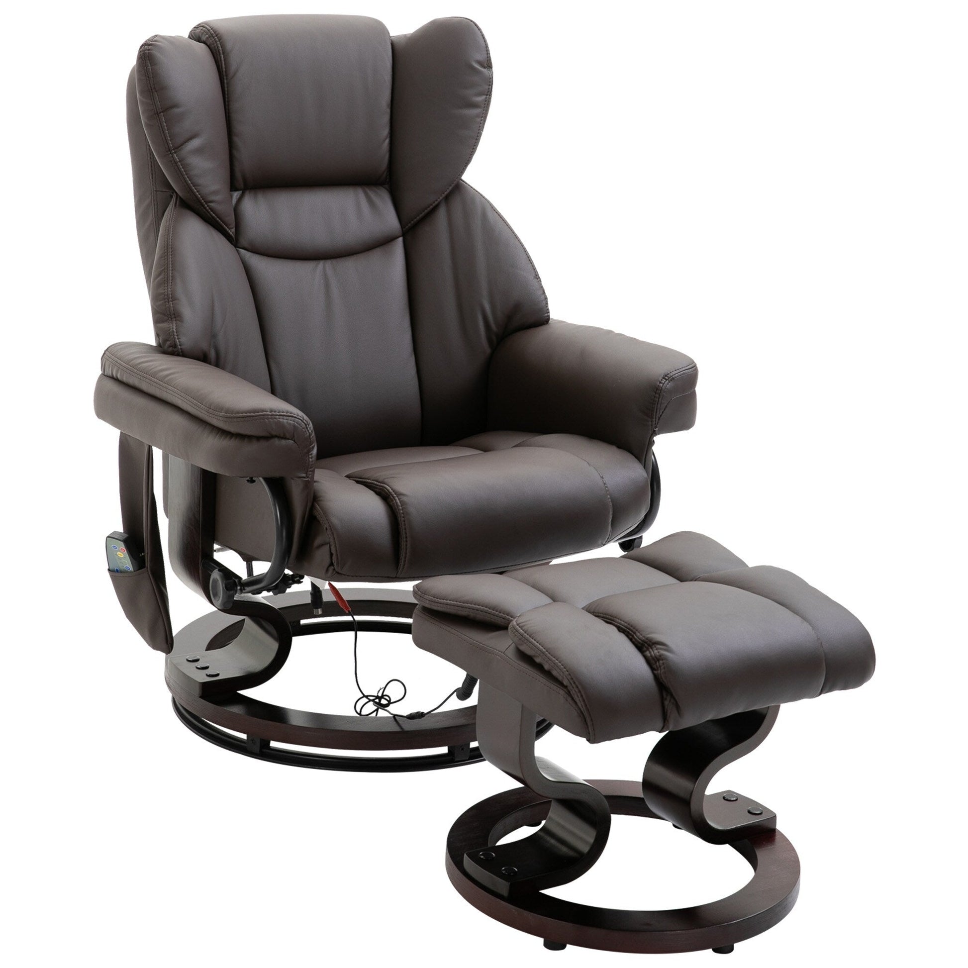 Fauteuil de massage inclinable en cuir PU pivotant à 360°, avec 10 points de vibration, dossier et repose-pieds réglables.