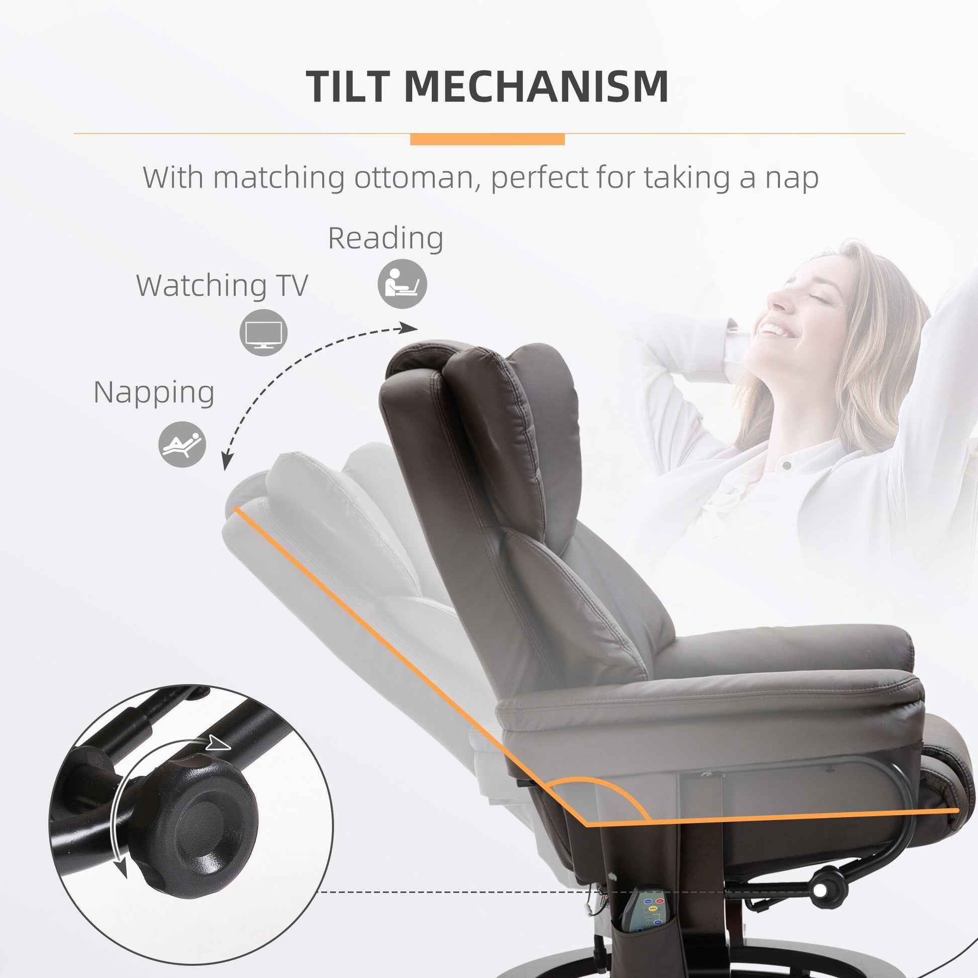 Fauteuil de massage inclinable en cuir PU pivotant à 360°, avec 10 points de vibration, dossier et repose-pieds réglables.