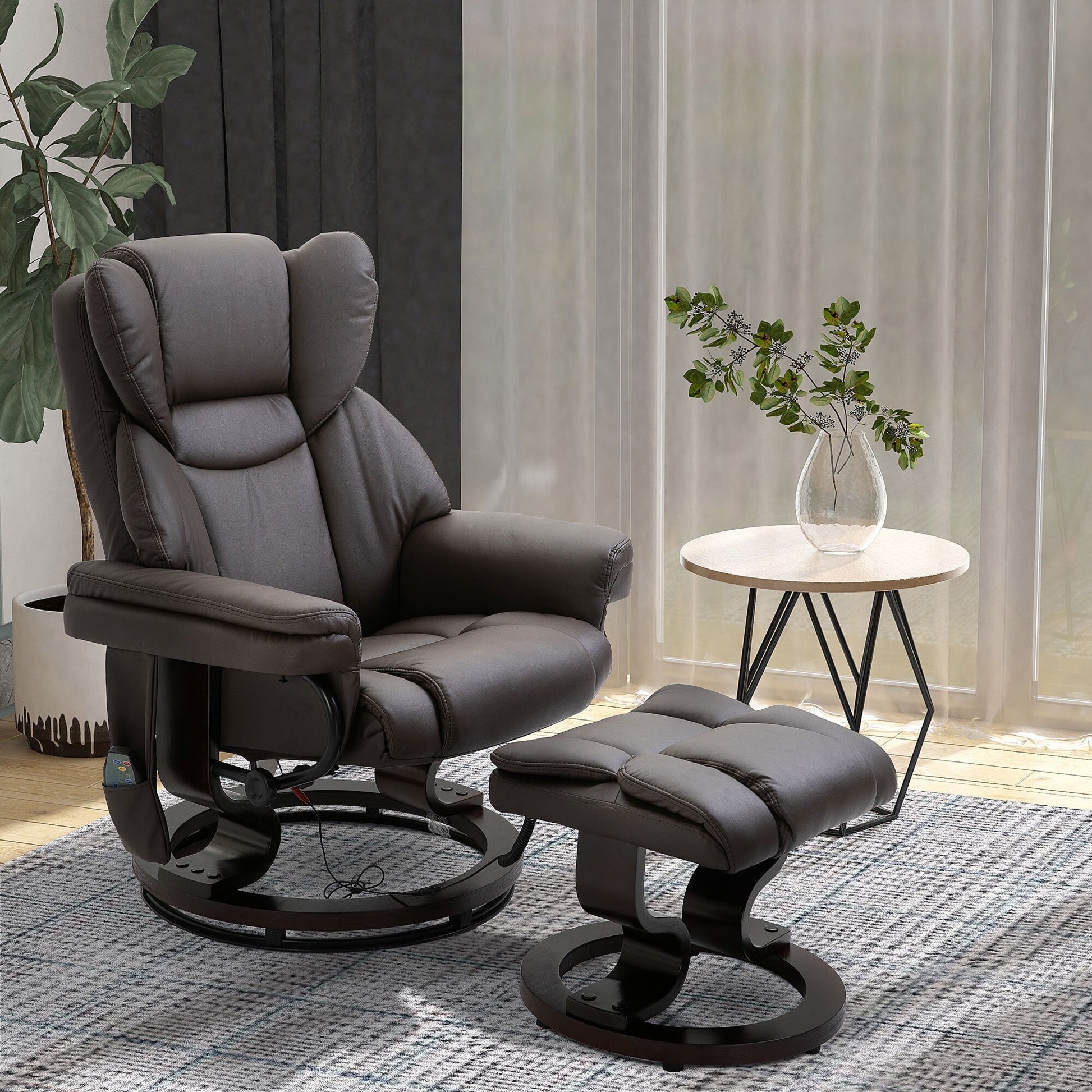 Fauteuil de massage inclinable en cuir PU pivotant à 360°, avec 10 points de vibration, dossier et repose-pieds réglables.