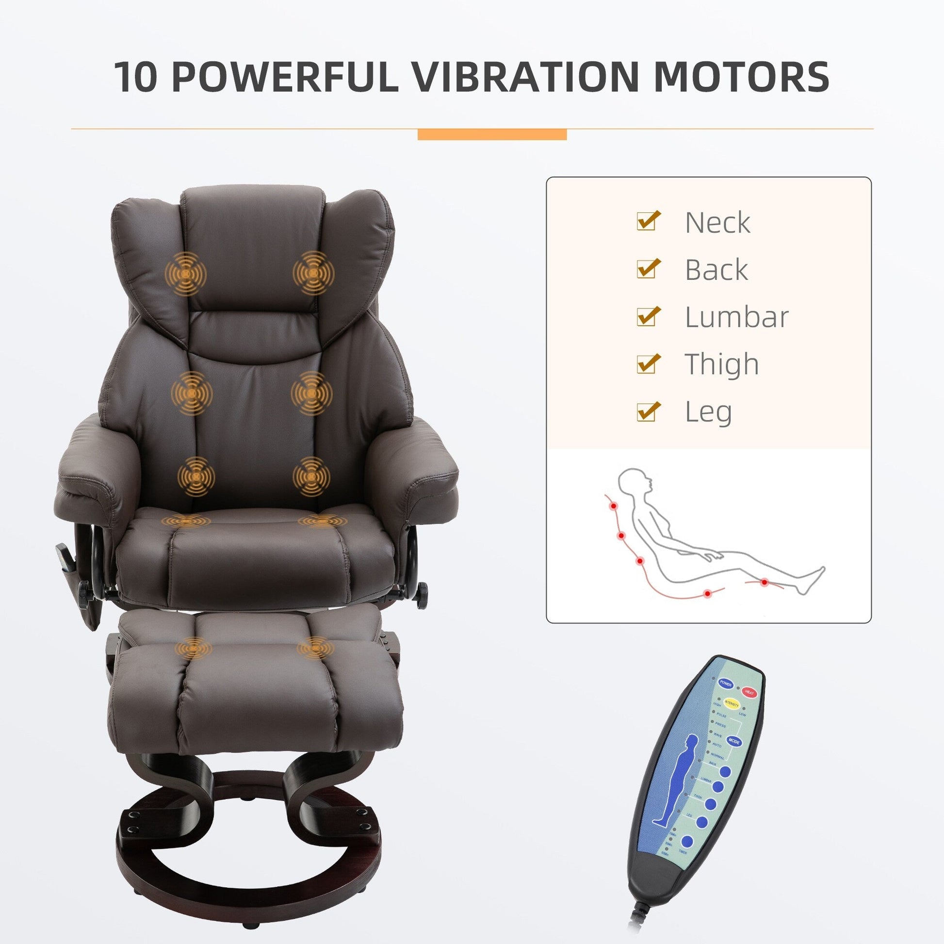 Fauteuil de massage inclinable en cuir PU pivotant à 360°, avec 10 points de vibration, dossier et repose-pieds réglables.