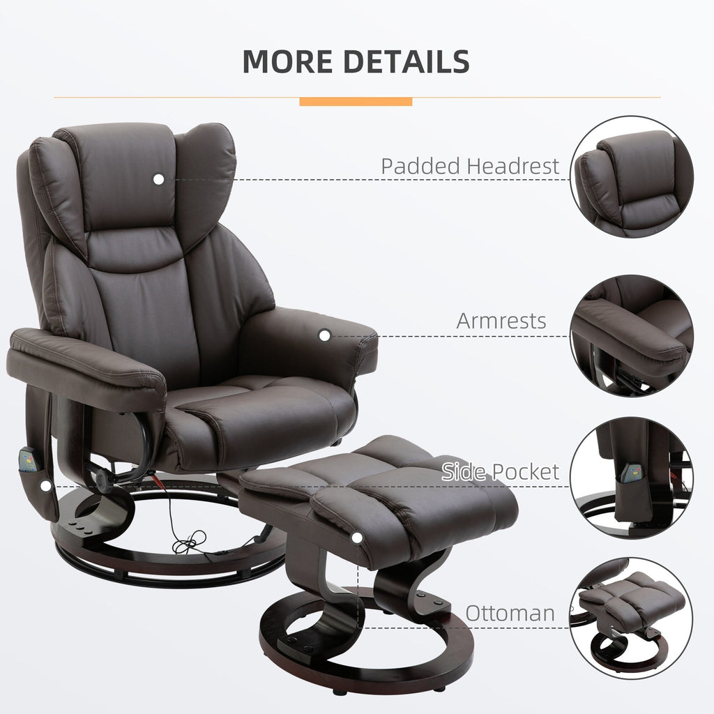 Fauteuil de massage inclinable en cuir PU pivotant à 360°, avec 10 points de vibration, dossier et repose-pieds réglables.