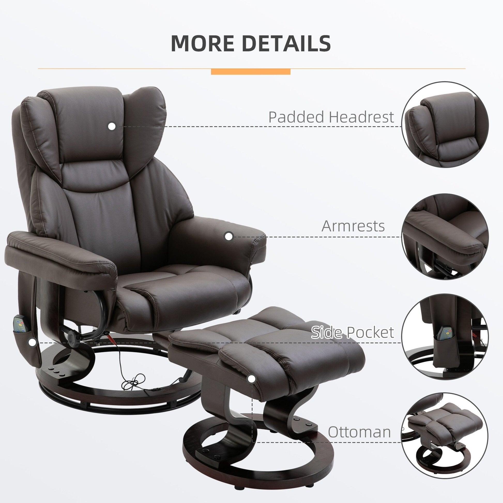 Fauteuil de massage inclinable en cuir PU pivotant à 360°, avec 10 points de vibration, dossier et repose-pieds réglables.